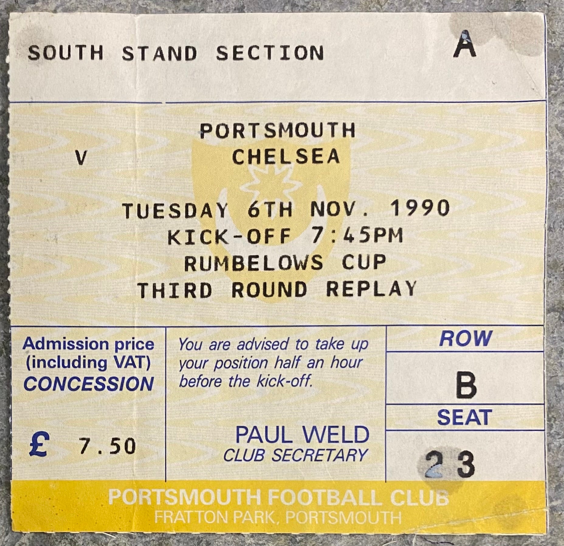 1990/91 ORIGINAL RUMBELOWS CUP 3RD ROUND REPLAY TICKET PORTSMOUTH V CHELSEA