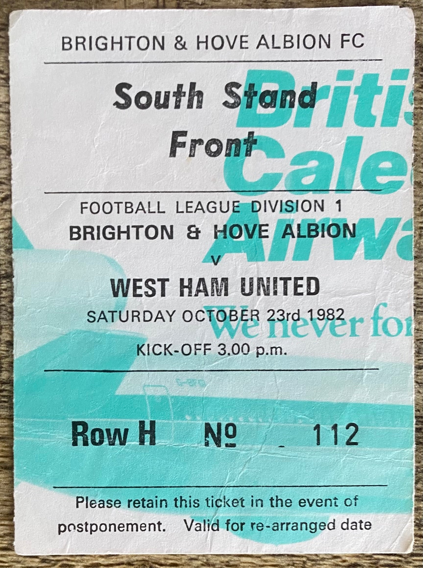 1982/83 ORIGINAL DIVISION 1 TICKET BRIGHTON AND HOVE ALBION V WEST HAM UNITED