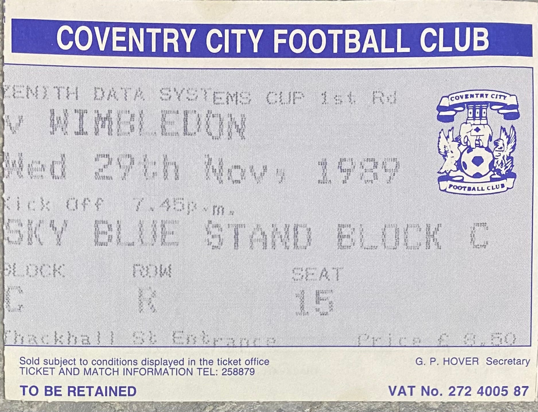 1989/90 ORIGINAL ZENITH DATA SYSTEMS CUP 1ST ROUND TICKET COVENTRY CITY V WIMBLEDON