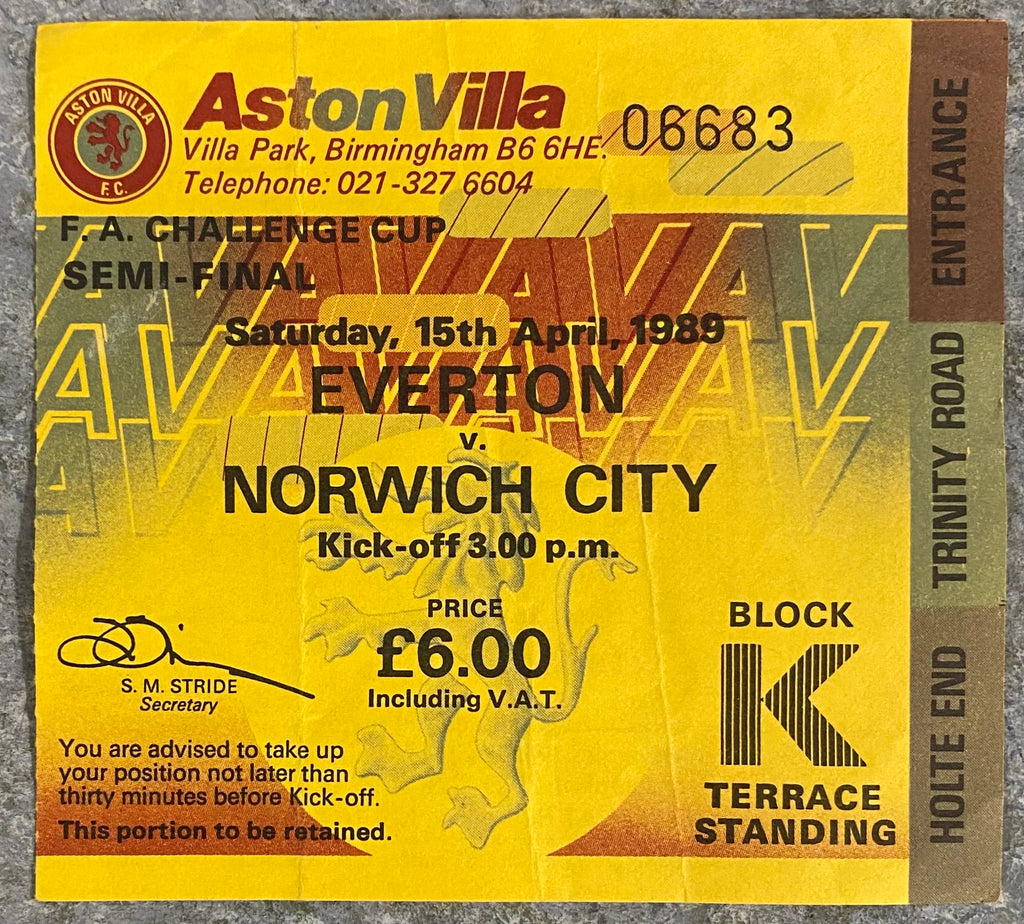 1989 ORIGINAL FA CUP SEMI FINAL TICKET EVERTON V NORWICH CITY @ VILLA PARK