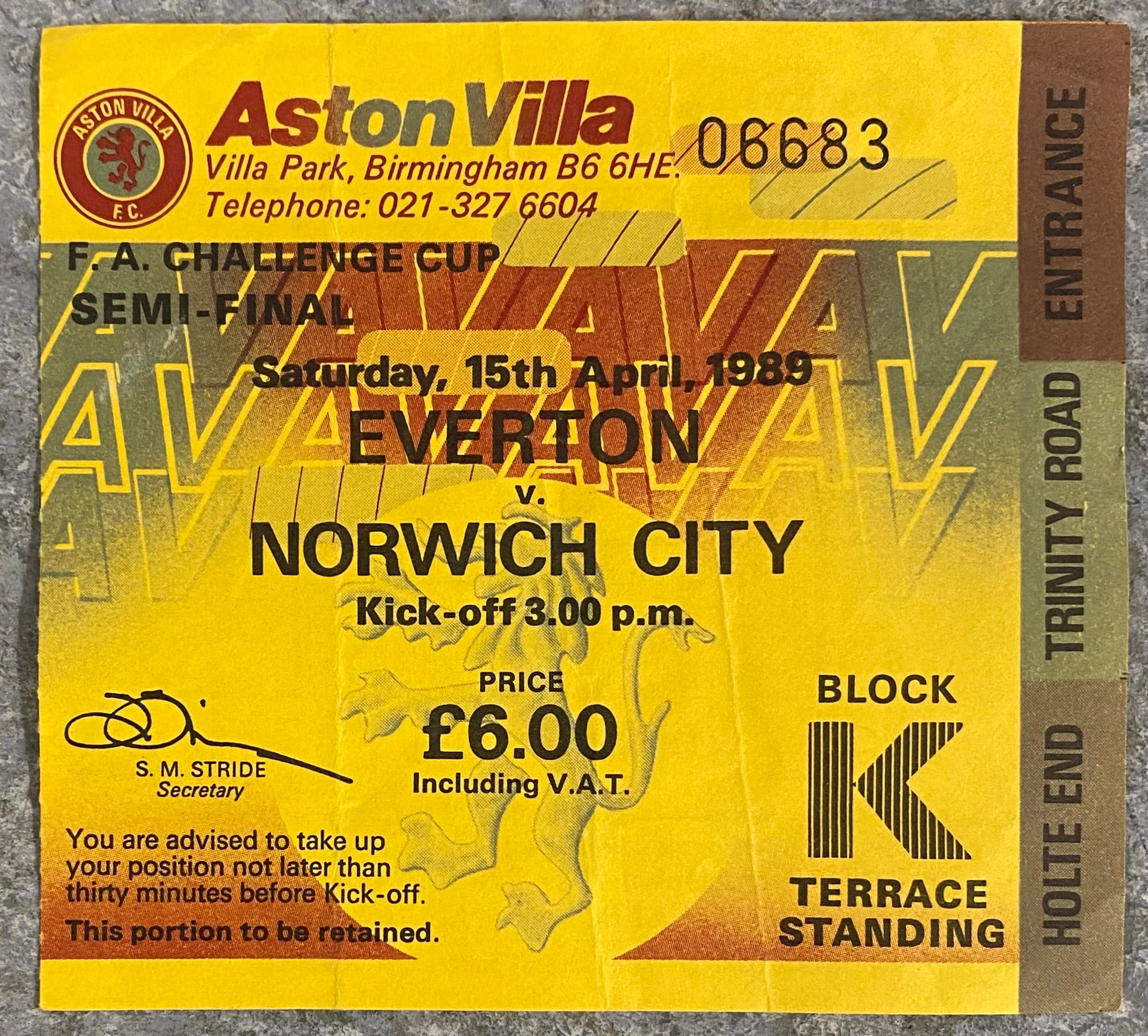 1989 ORIGINAL FA CUP SEMI FINAL TICKET EVERTON V NORWICH CITY @ VILLA PARK