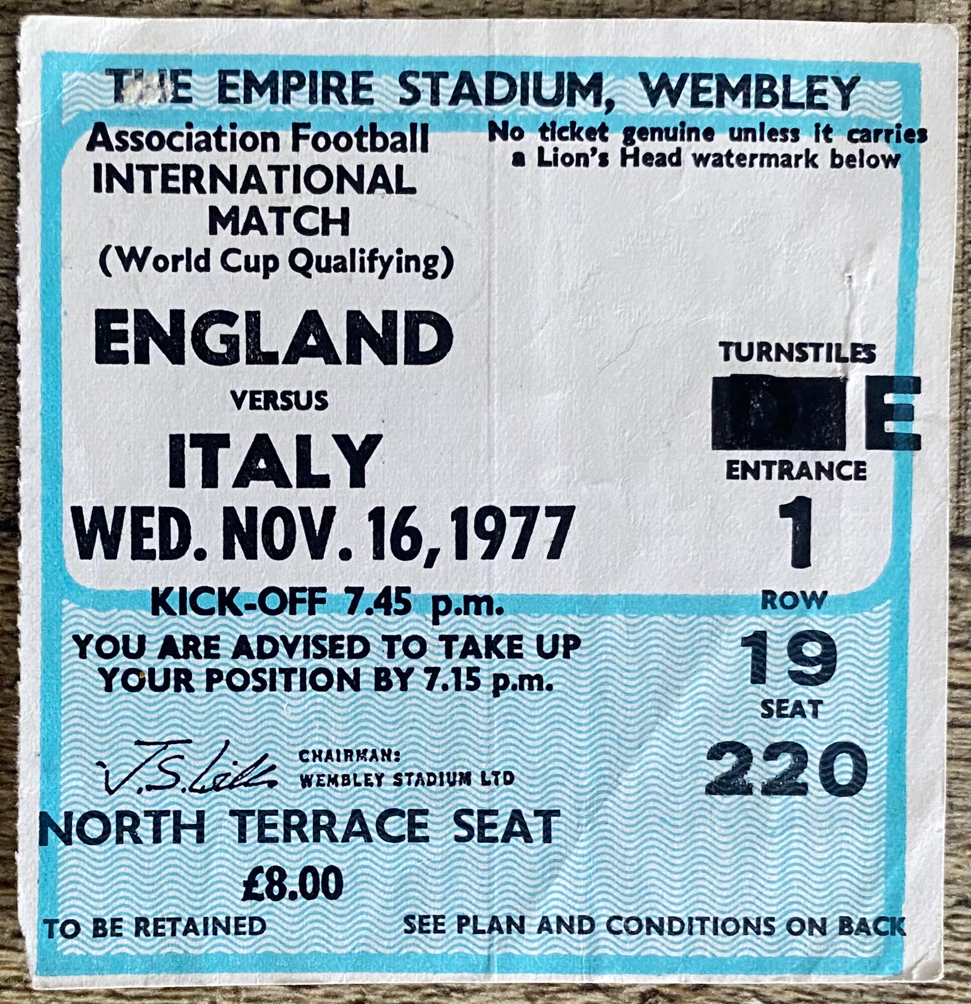 1977 ORIGINAL WORLD CUP QUALIFYING TICKET ENGLAND V ITALY