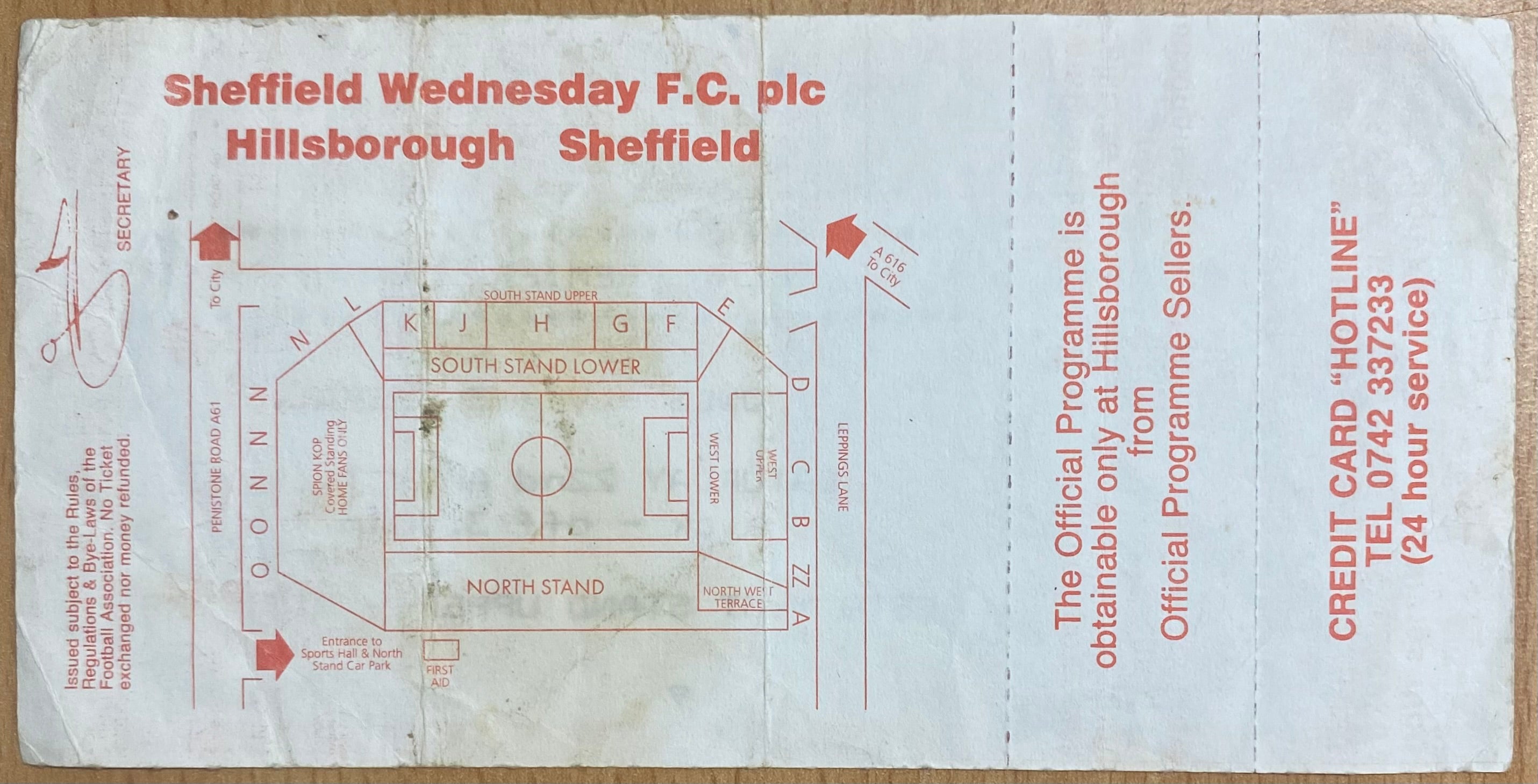 1992/93 ORIGINAL PREMIER LEAGUE UNUSED TICKET SHEFFIELD WEDNESDAY V CHELSEA