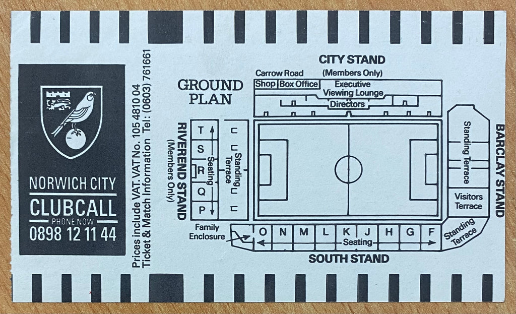 1989/90 ORIGINAL DIVISION ONE TICKET NORWICH CITY V DERBY COUNTY