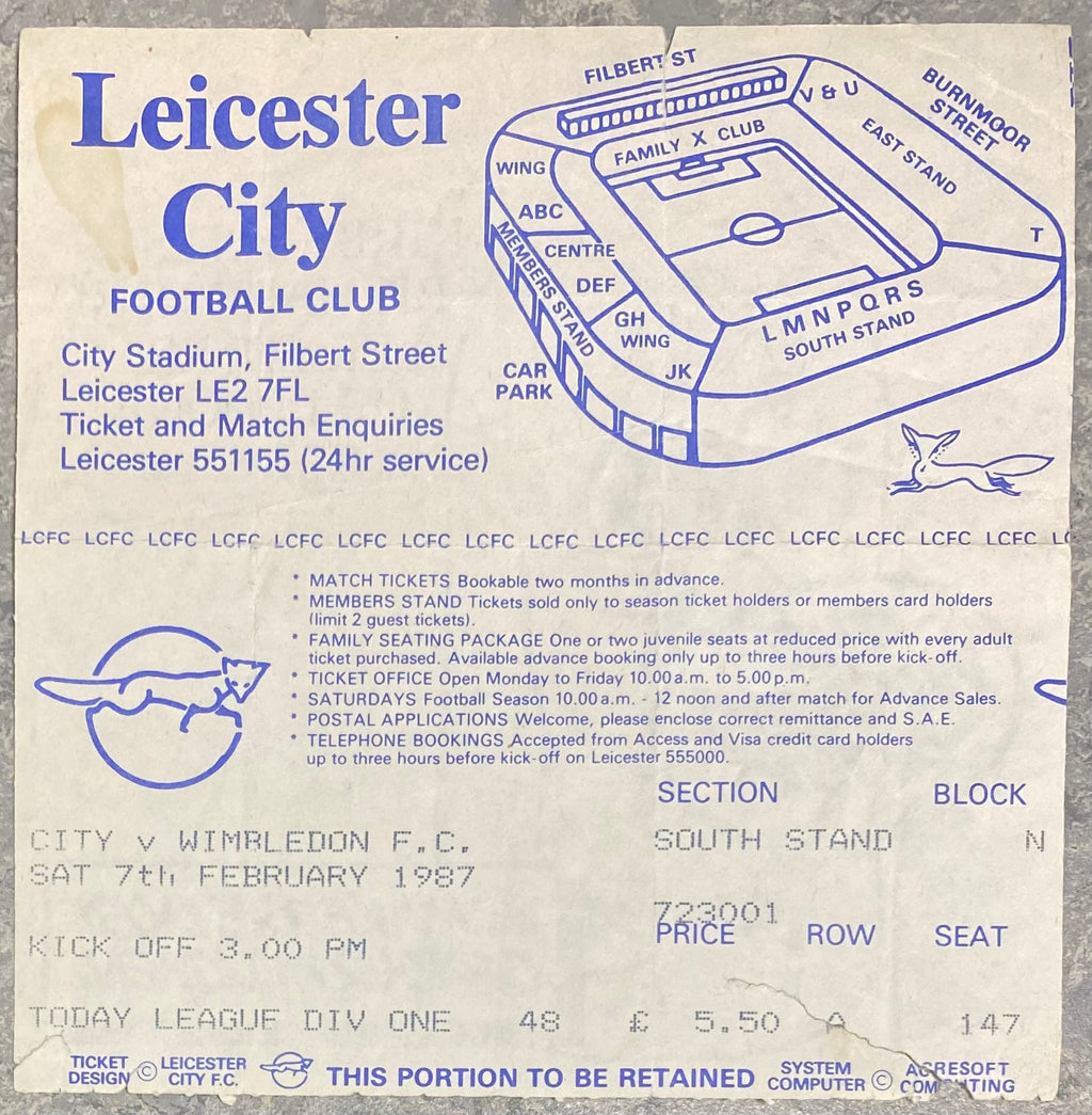1986/87 ORIGINAL DIVISION ONE TICKET LEICESTER CITY V WIMBLEDON