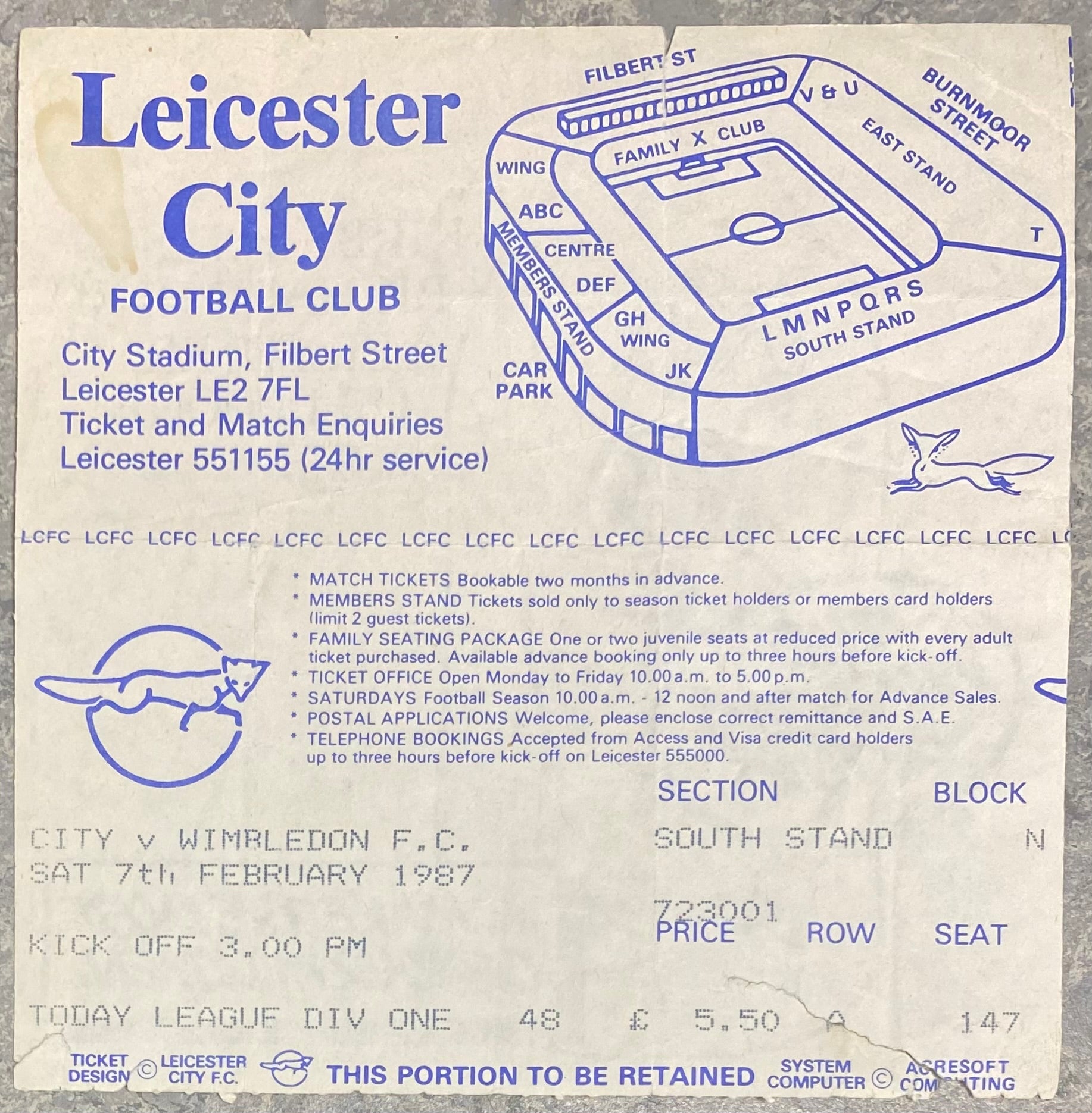 1986/87 ORIGINAL DIVISION ONE TICKET LEICESTER CITY V WIMBLEDON