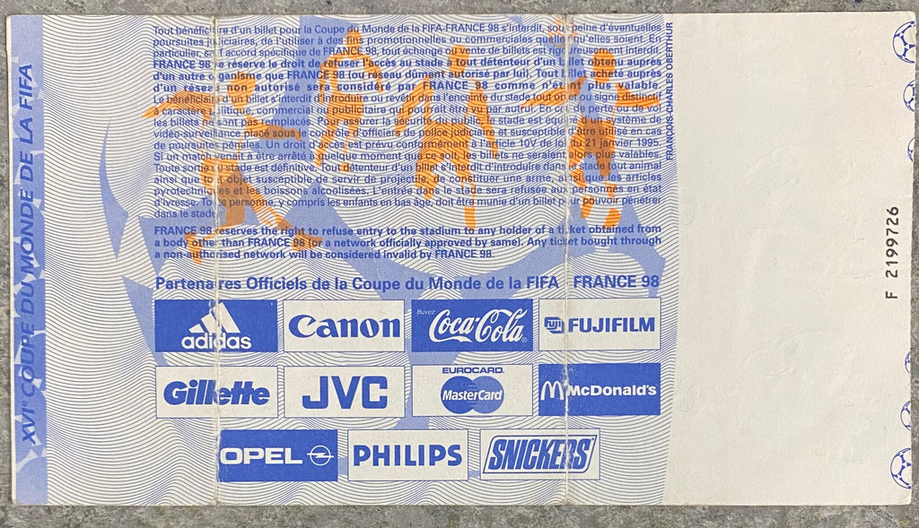 1998 ORIGINAL WORLD CUP 1ST ROUND TICKET ENGLAND V TUNISIA @ MARSIELLE