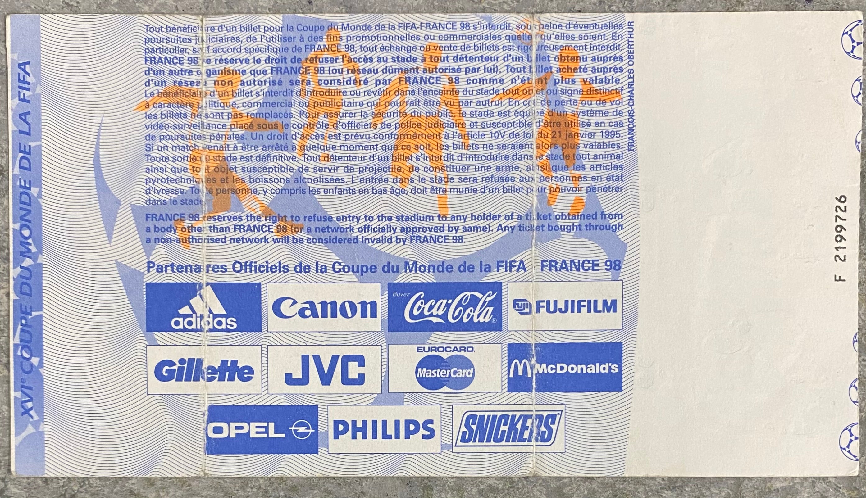 1998 ORIGINAL WORLD CUP 1ST ROUND TICKET ENGLAND V TUNISIA @ MARSIELLE