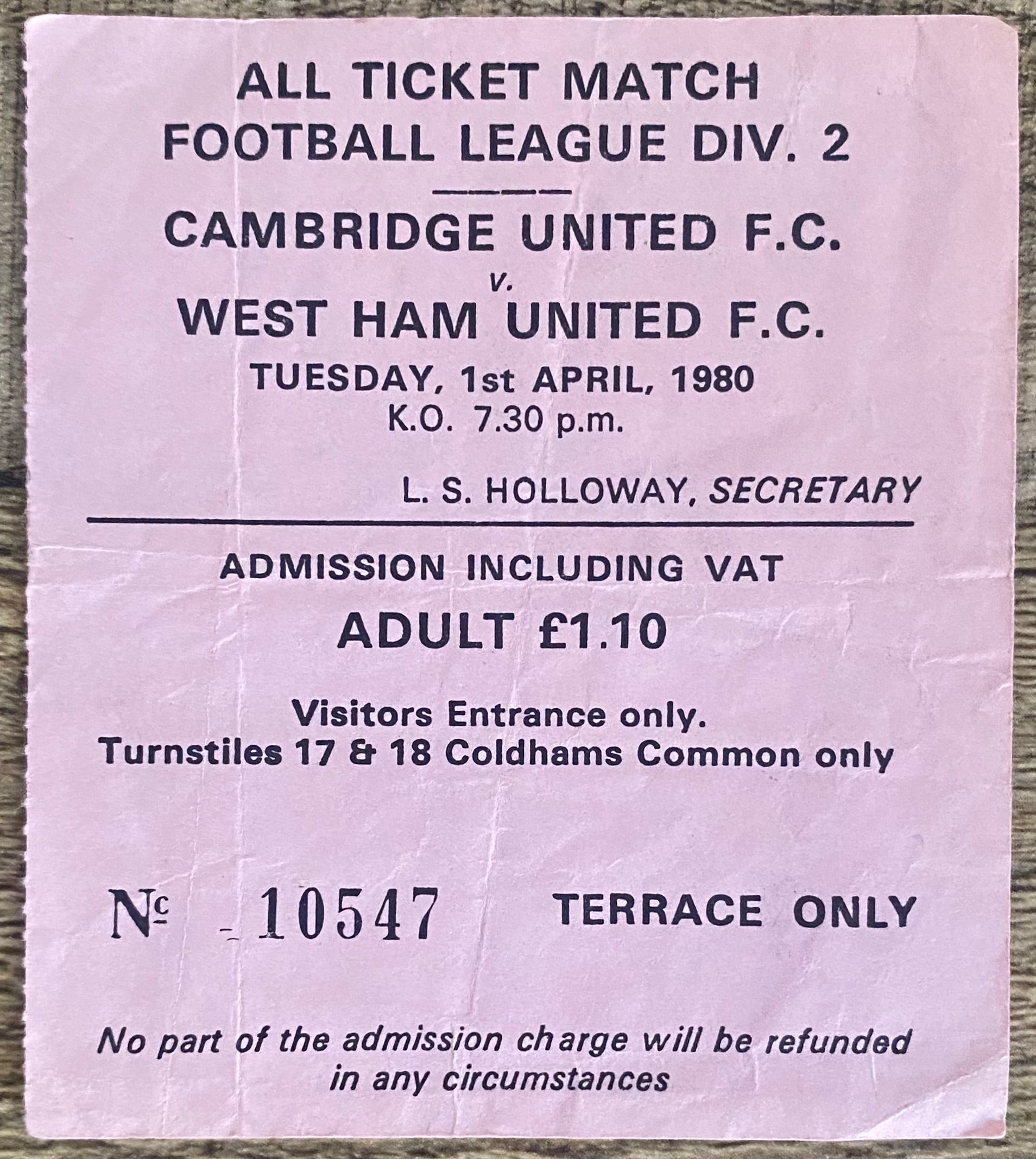 1979/80 ORIGINAL DIVISION 2 TICKET CAMBRIDGE UNITED V WEST HAM UNITED