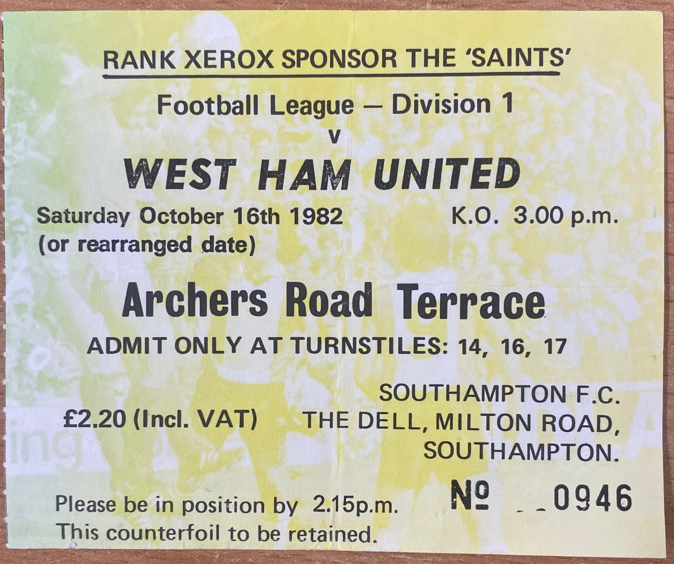 1982/83 ORIGINAL DIVISION ONE TICKET SOUTHAMPTON V WEST HAM UNITED