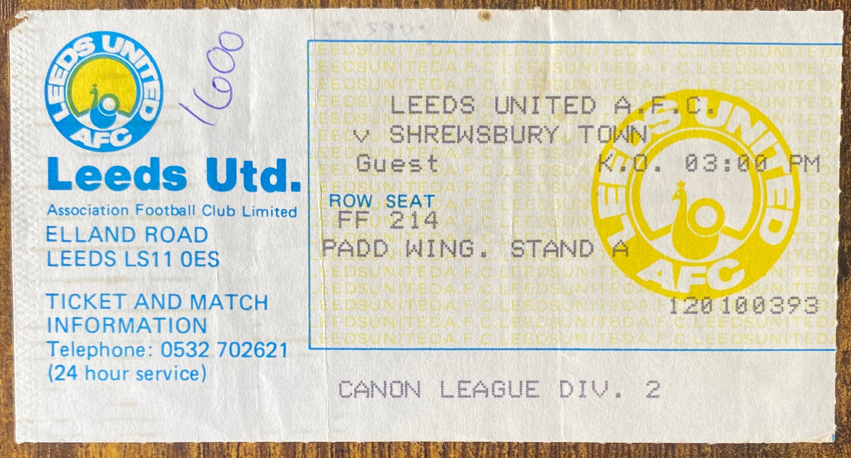 1983/84 ORIGINAL DIVISION TWO TICKET LEEDS UNITED V SHREWSBURY TOWN