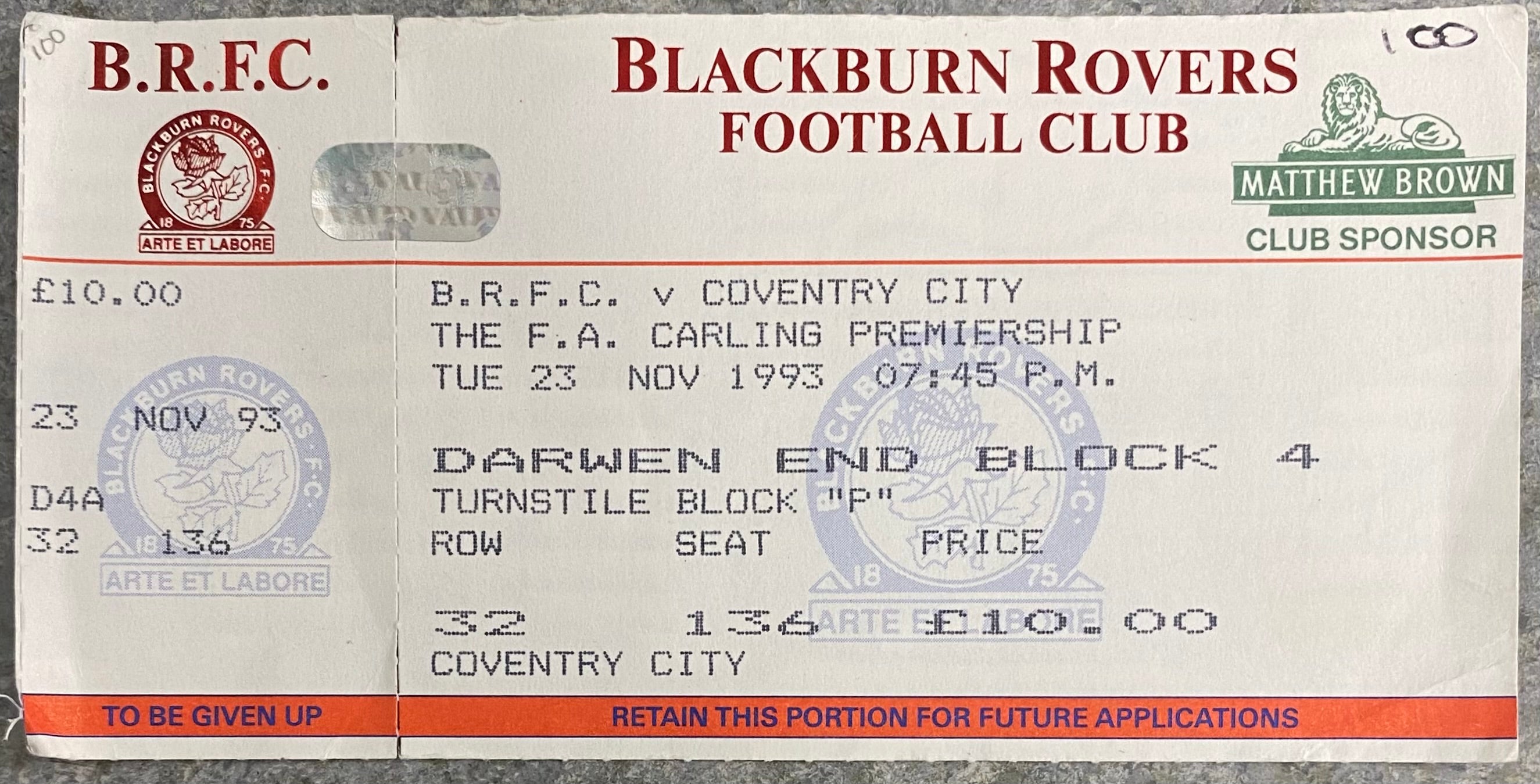 1992/93 ORIGINAL FA PREMIERSHIP UNUSED TICKET BLACKBURN ROVERS V COVENTRY CITY