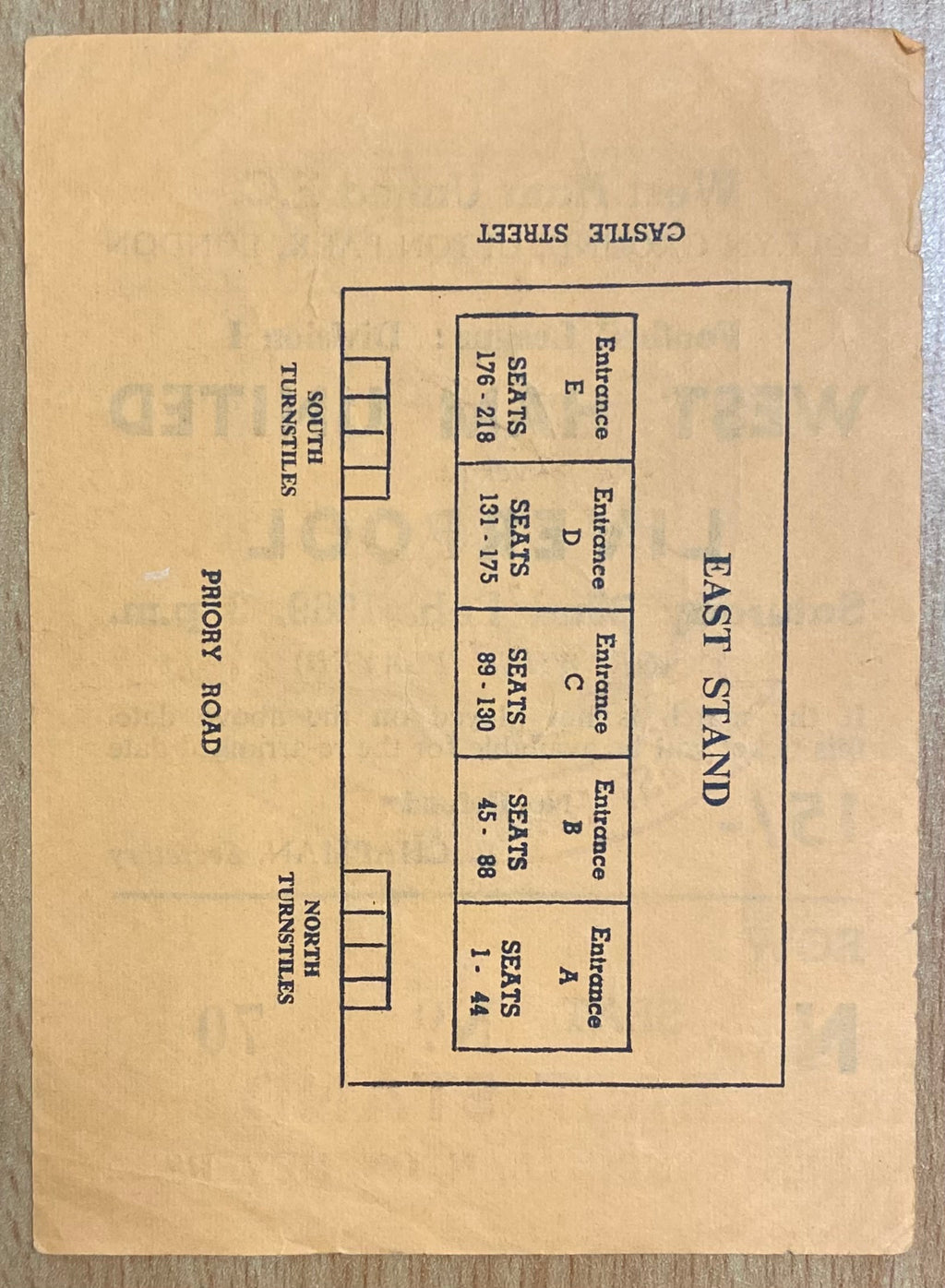 1968/69 ORIGINAL DIVISION 1 TICKET WEST HAM UNITED V LIVERPOOL