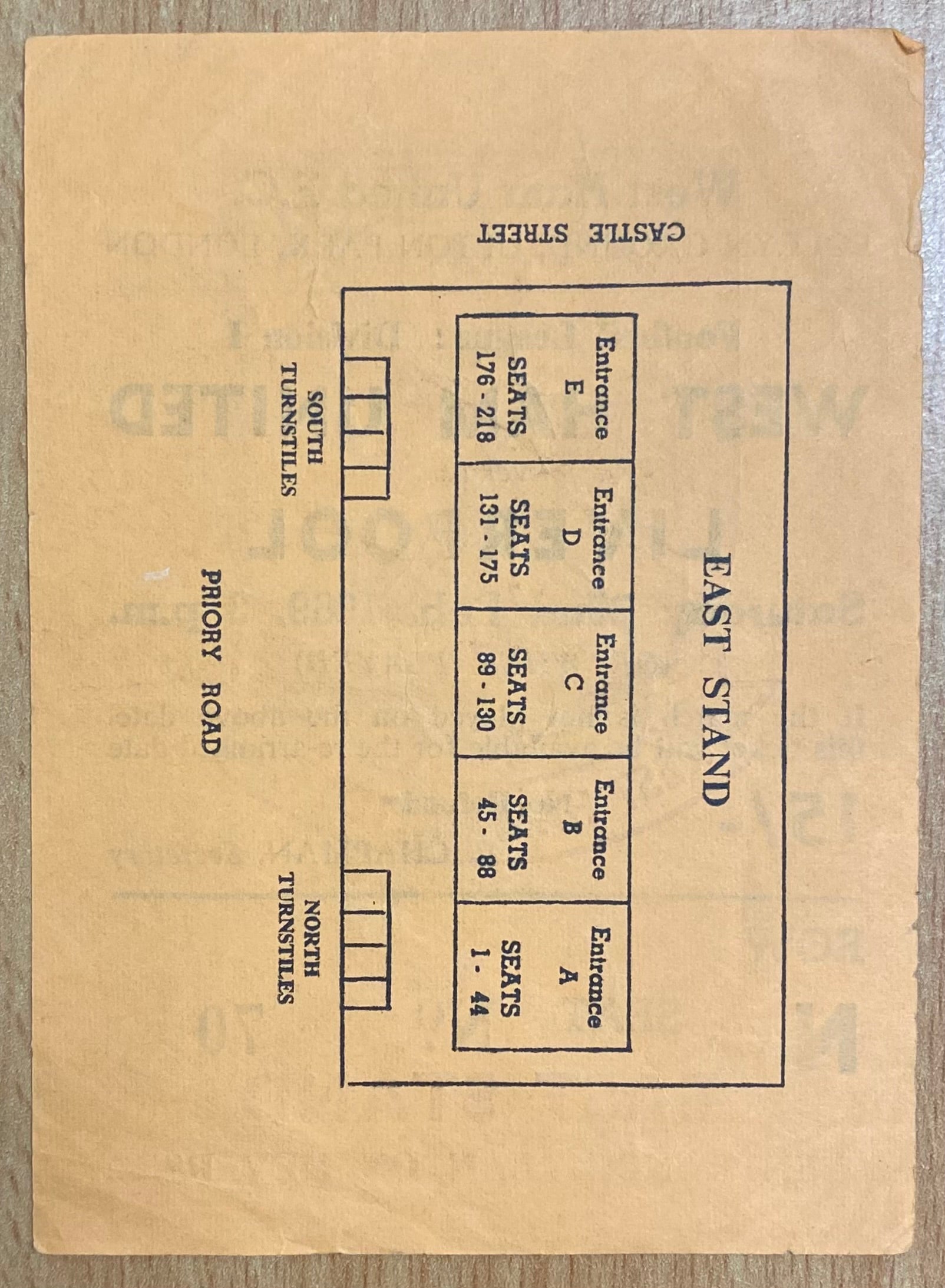 1968/69 ORIGINAL DIVISION 1 TICKET WEST HAM UNITED V LIVERPOOL