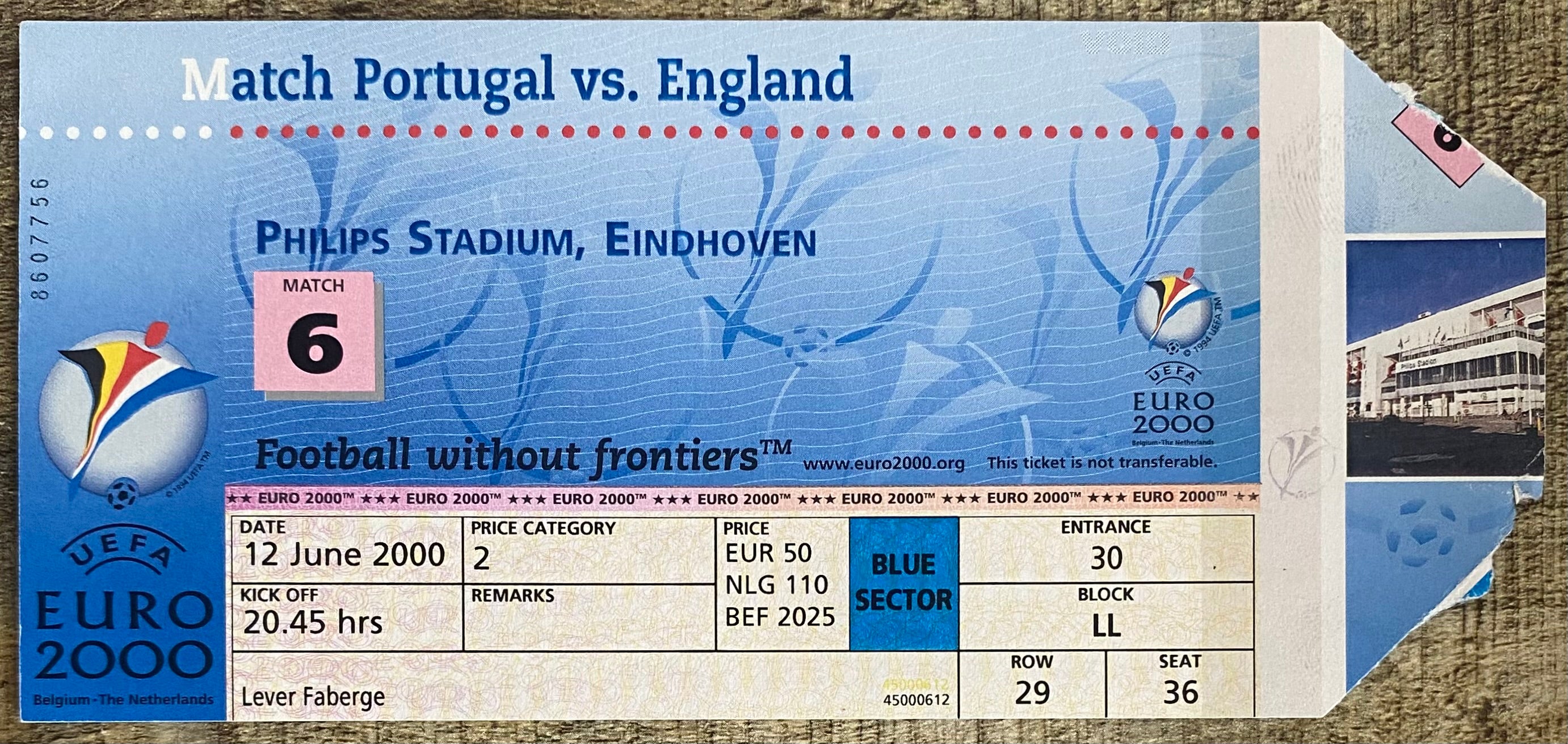 2000 ORIGINAL EUROPEAN CHAMPIONSHIPS EURO 2000 TICKET PORTUGAL V ENGLAND @ EINDHOVEN