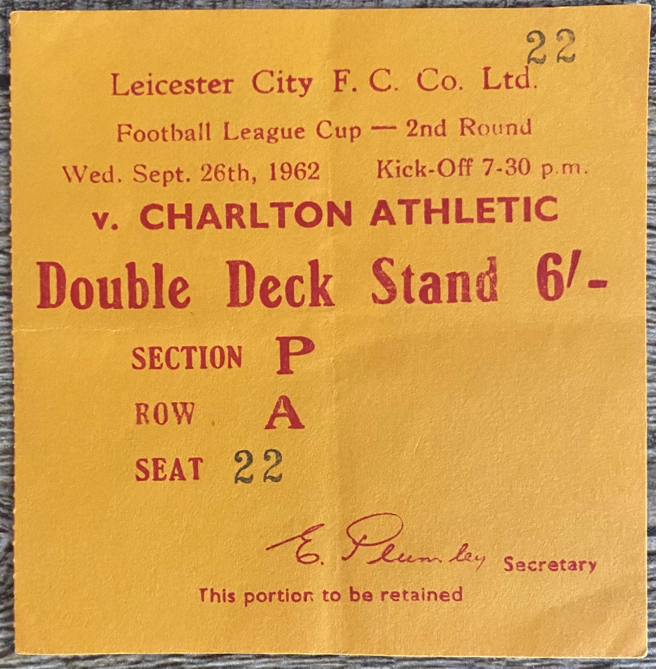 1962/63 ORIGINAL LEAGUE 2ND ROUND TICKET LEICESTER CITY V CHARLTON ATHLETIC