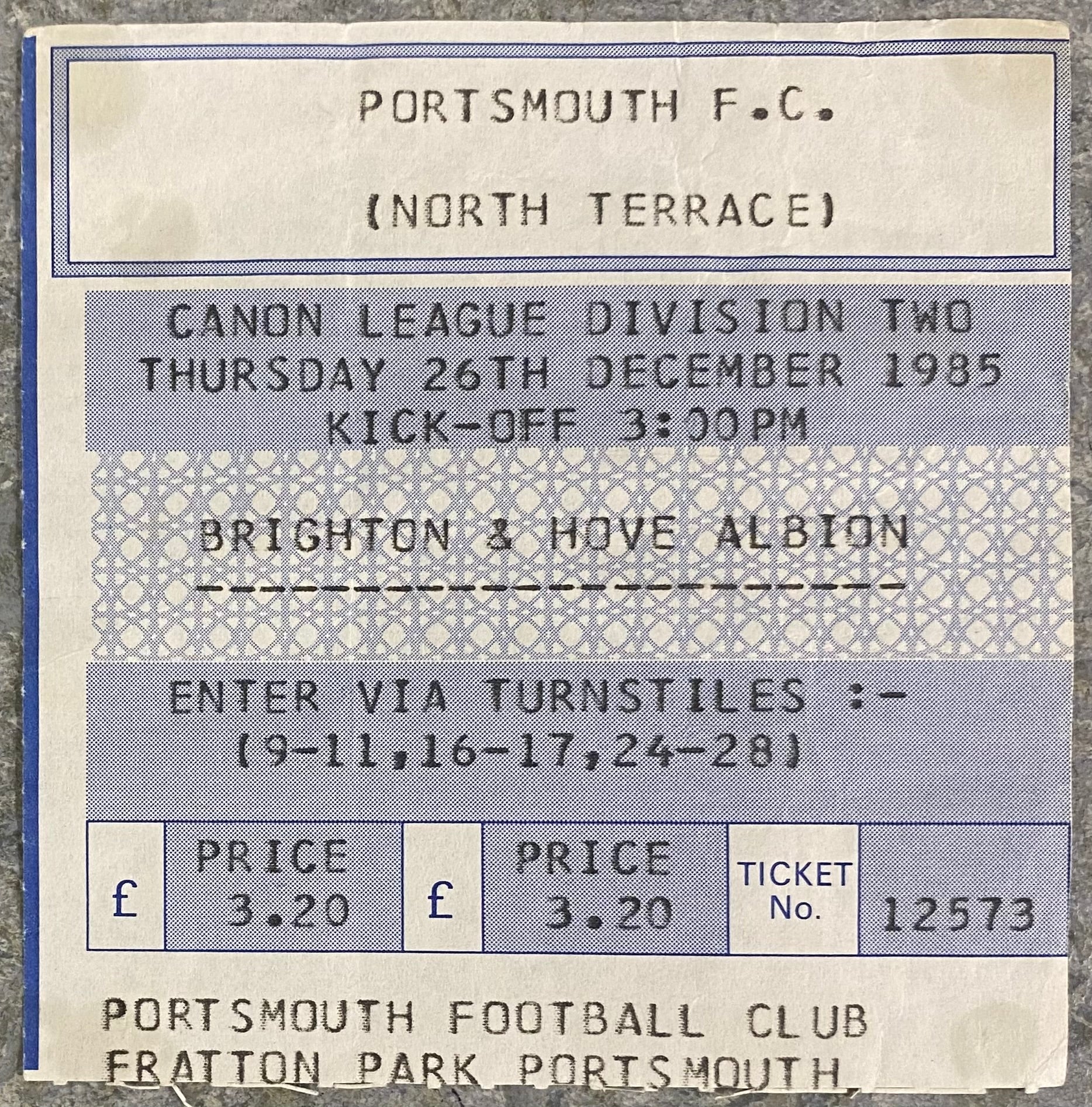 1985/86 ORIGINAL DIVISION 2 TICKET PORTSMOUTH V BRIGHTON AND HOVE ALBION