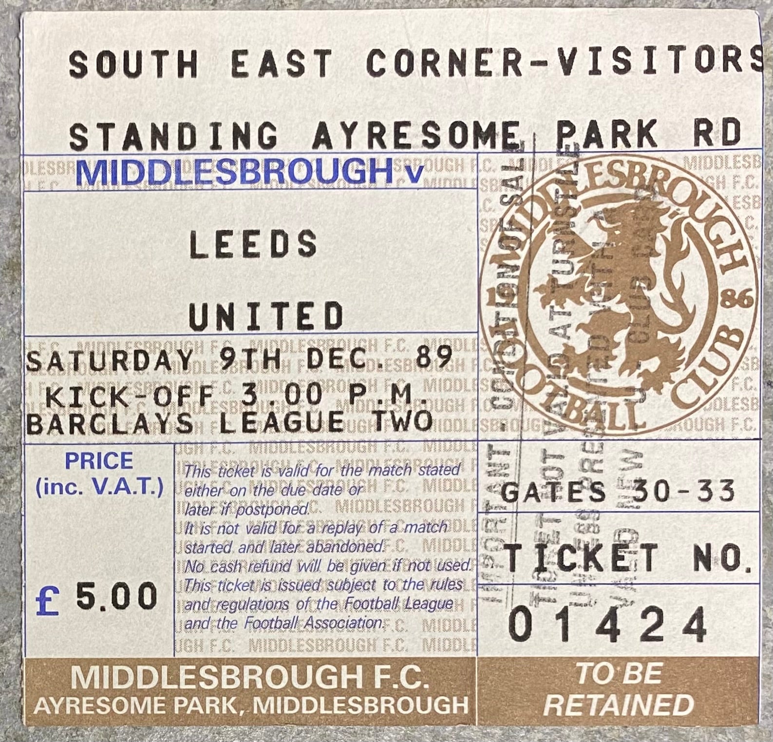 1989/90 ORIGINAL DIVISION TWO TICKET MIDDLESBROUGH V LEEDS UNITED