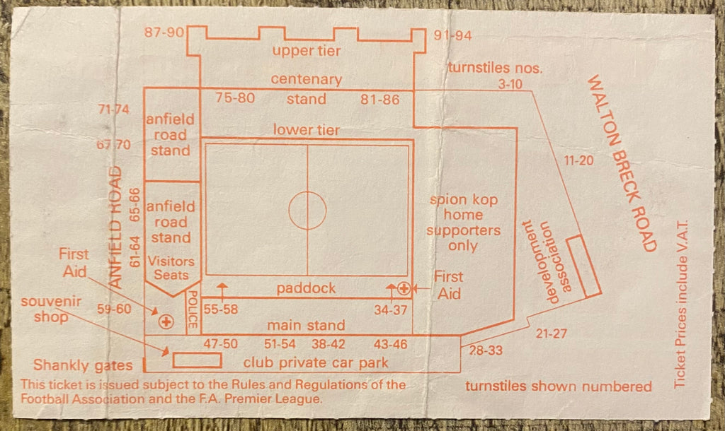 1992/93 ORIGINAL PREMIER LEAGUE TICKET LIVERPOOL V CHELSEA