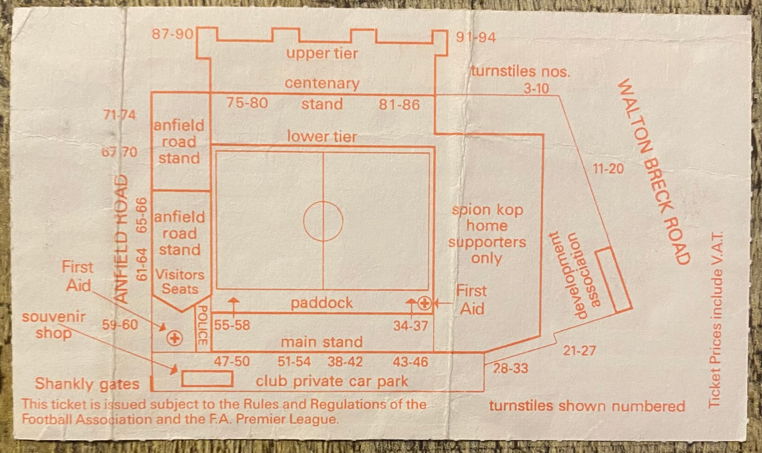 1992/93 ORIGINAL PREMIER LEAGUE TICKET LIVERPOOL V CHELSEA