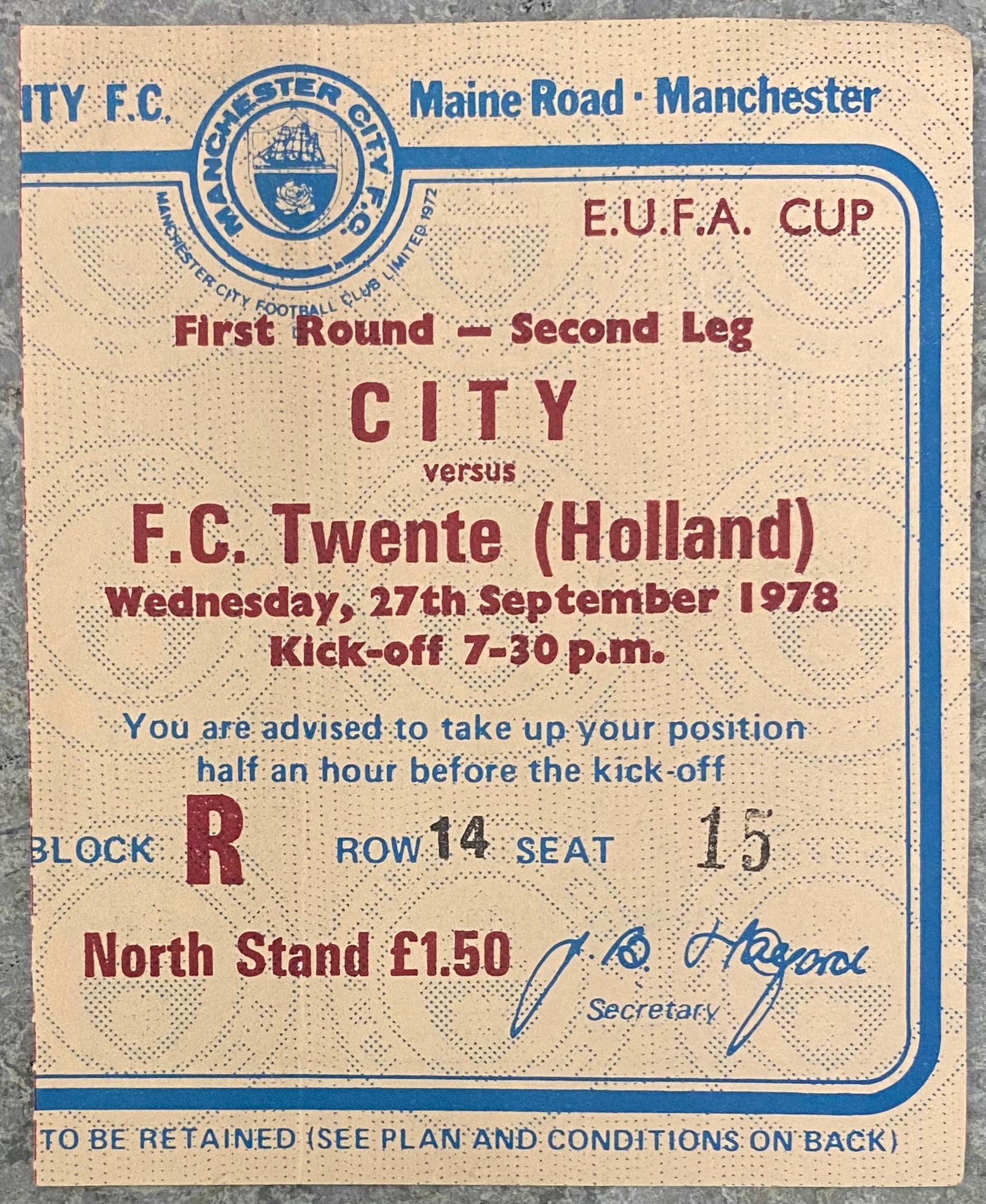 1978/79 ORIGINAL UEFA CUP 1ST ROUND 1ST LEG TICKET MANCHESTER CITY V FC TWENTE