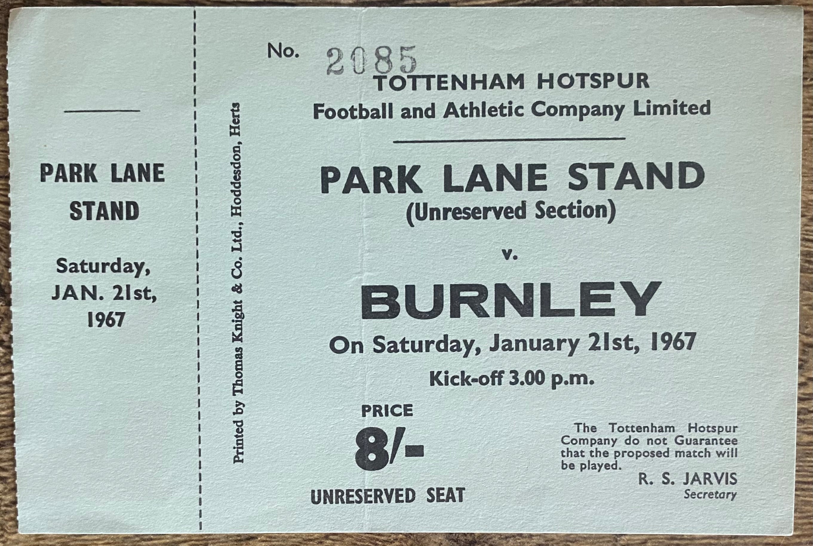 1966/67 ORIGINAL DIVISION ONE UNUSED TICKET TOTTENHAM HOTSPUR V BURNLEY