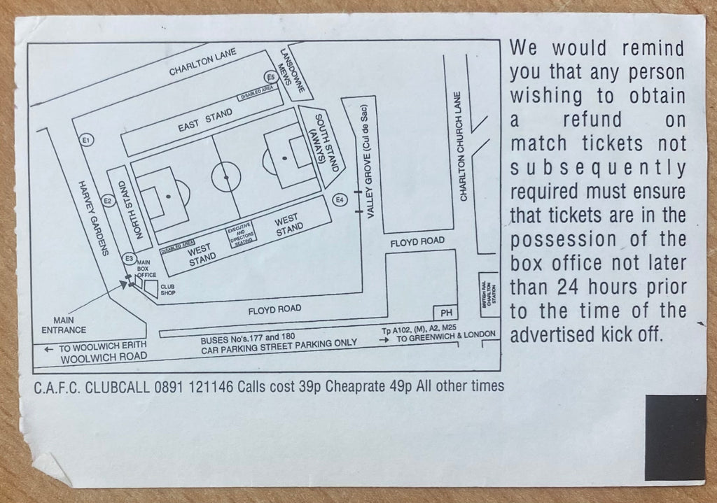 1994/95 ORIGINAL PRE SEASON FRIENDLY TICKET CHARLTON ATHLETIC V CHELSEA