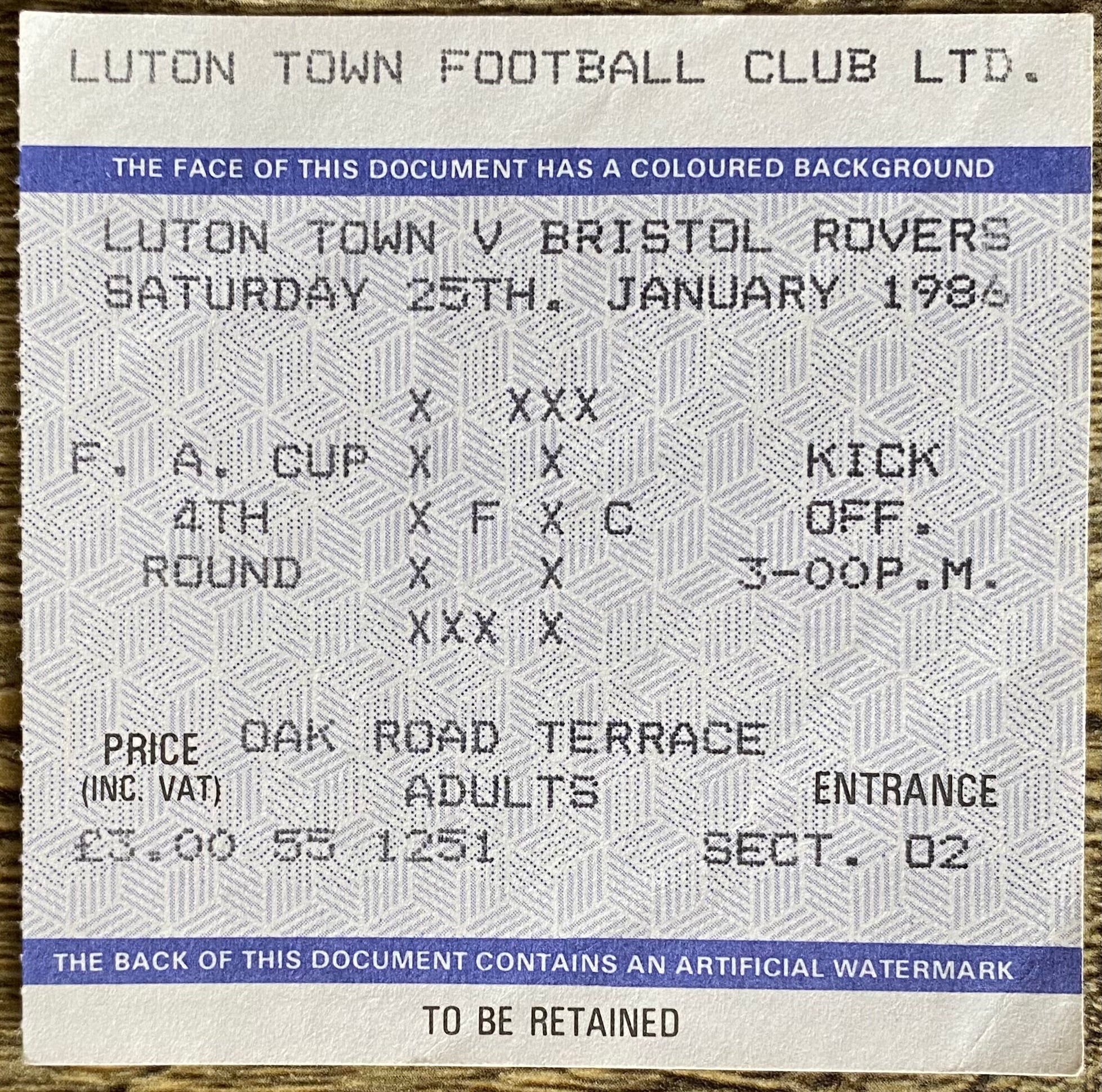 1985/86 ORIGINAL FA CUP 4TH ROUND TICKET LUTON TOWN V BRISTOL ROVERS