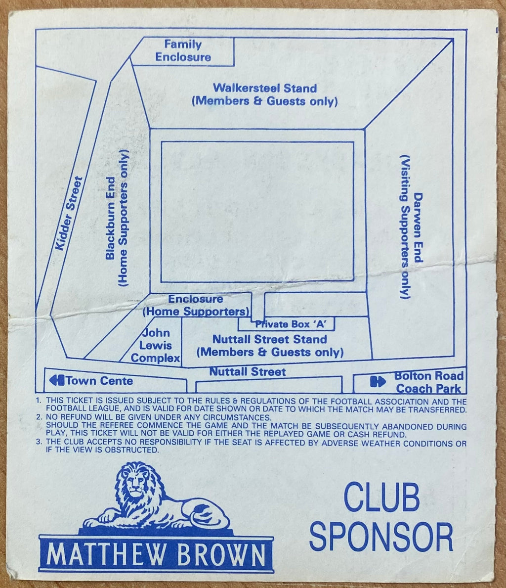 1991/92 ORIGINAL DIVISION 2 TICKET BLACKBURN ROVERS V BRISTOL ROVERS