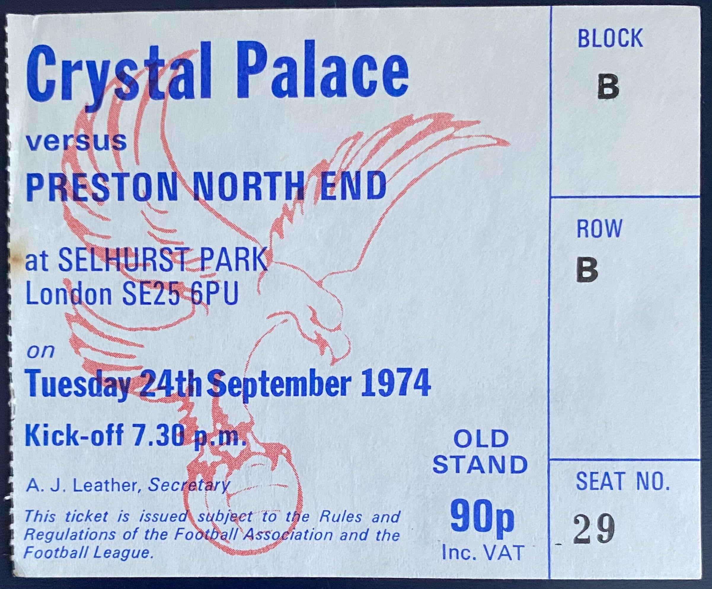 1974/75 ORIGINAL DIVISION 3 TICKET CRYSTAL PALACE V PRESTON NORTH END