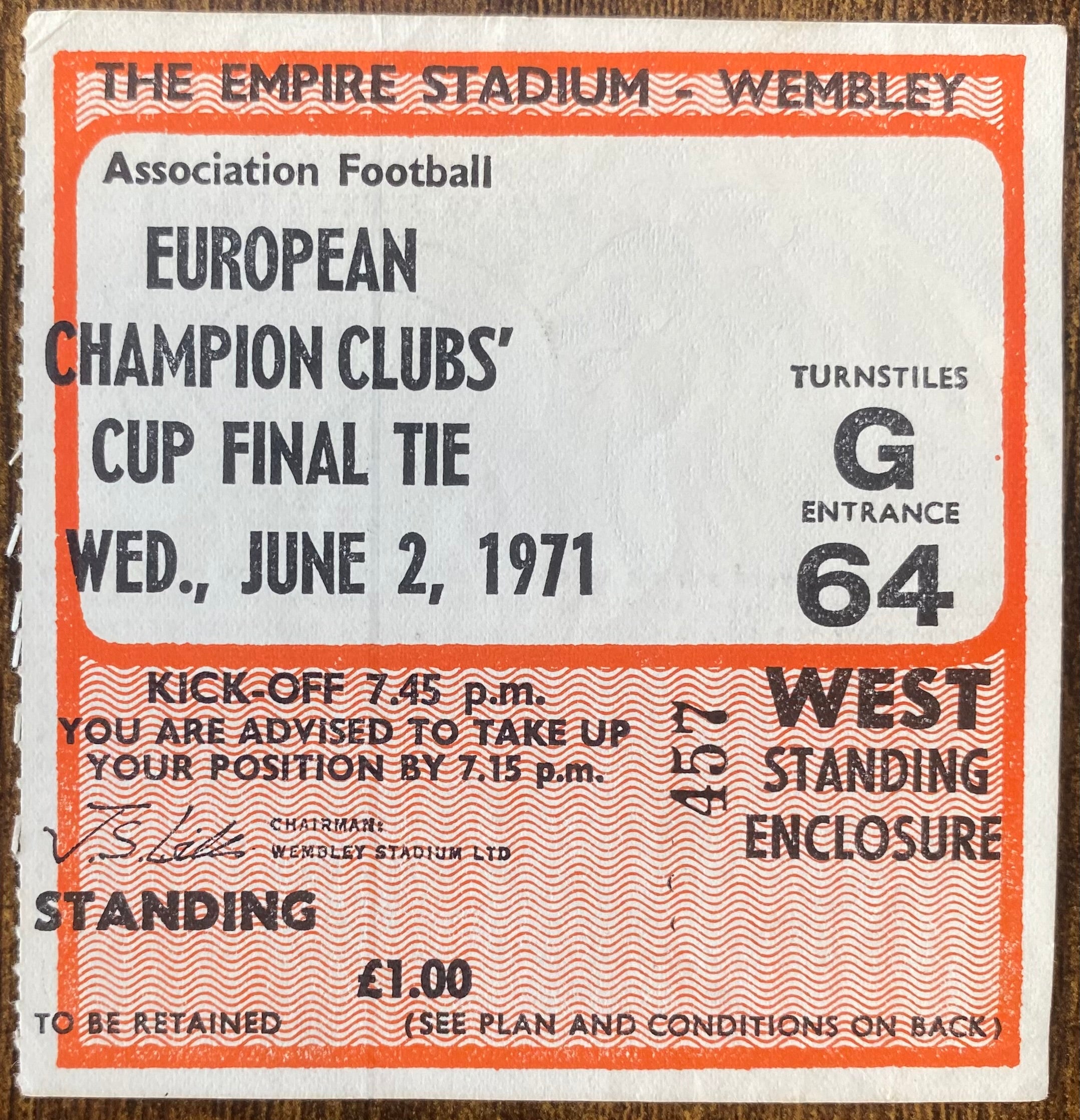 1971 ORIGINAL EUROPEAN CUP FINAL TICKET AJAX AMSTERDAM V PANATHINIAKOS @ WEMBLEY