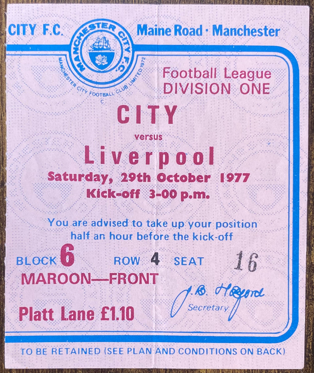 1977/78 ORIGINAL DIVISION 1 TICKET MANCHESTER CITY V LIVERPOOL