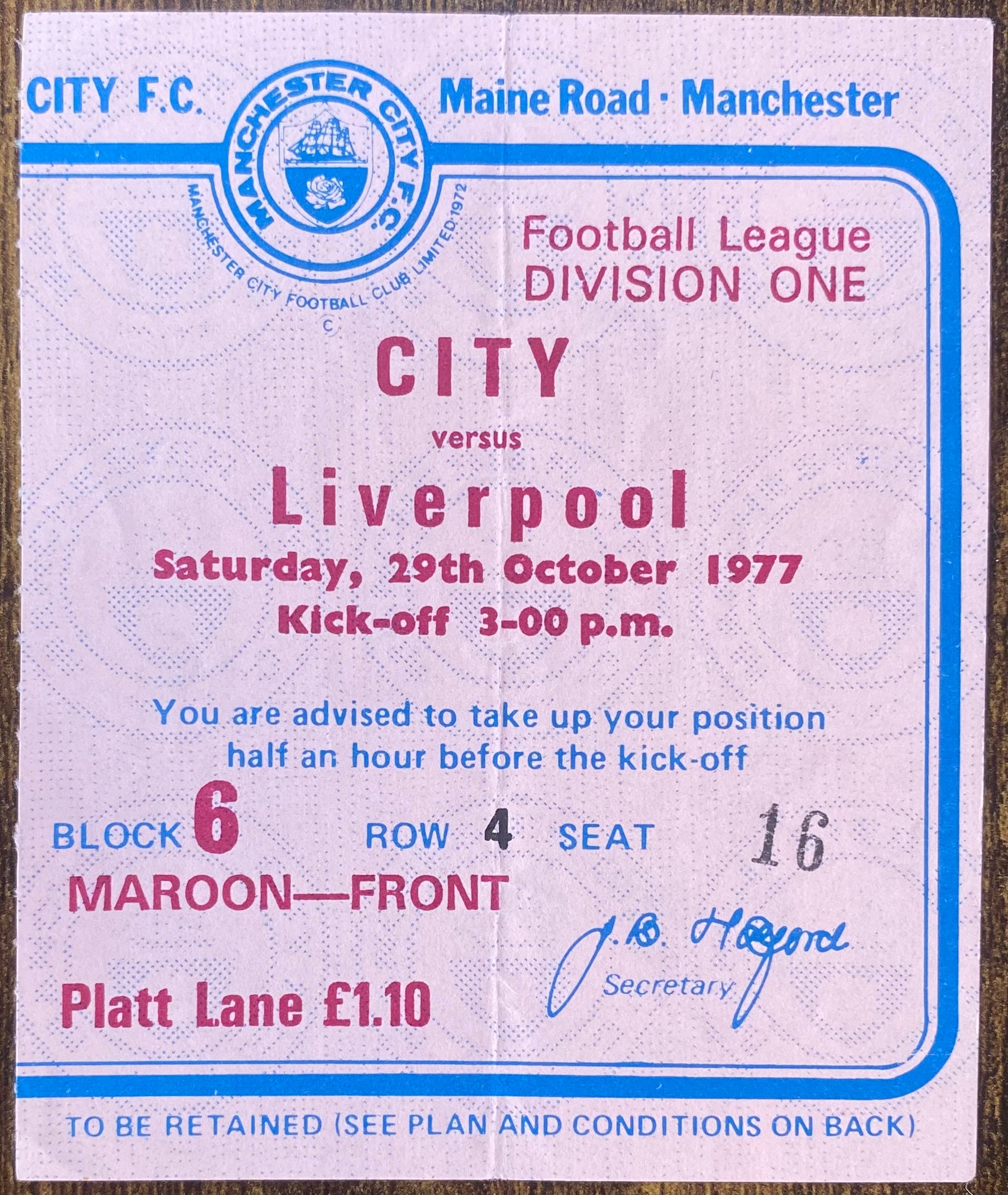 1977/78 ORIGINAL DIVISION 1 TICKET MANCHESTER CITY V LIVERPOOL