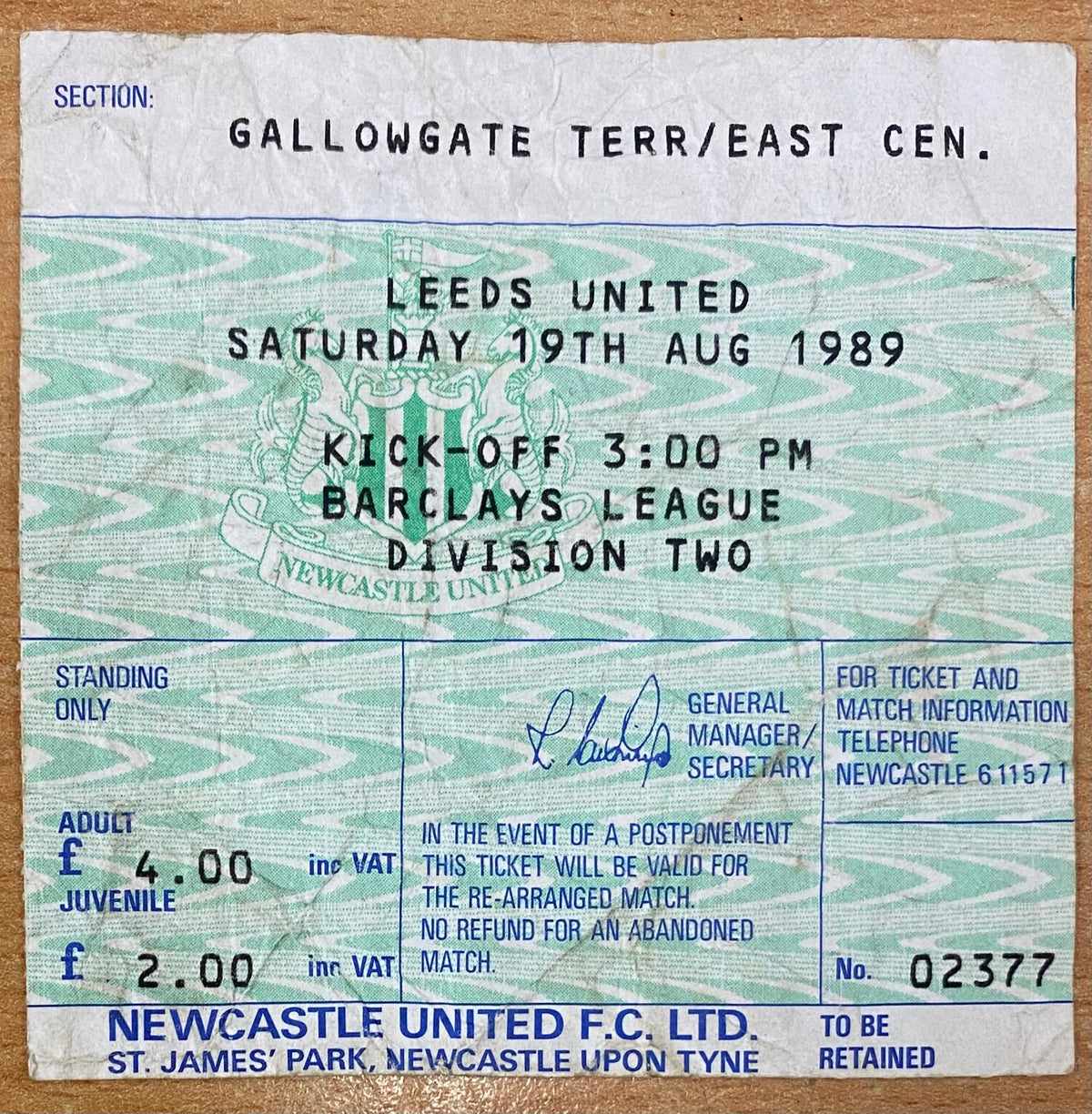 1989/90 ORIGINAL DIVISION 2 TICKET NEWCASTLE UNITED V LEEDS UNITED