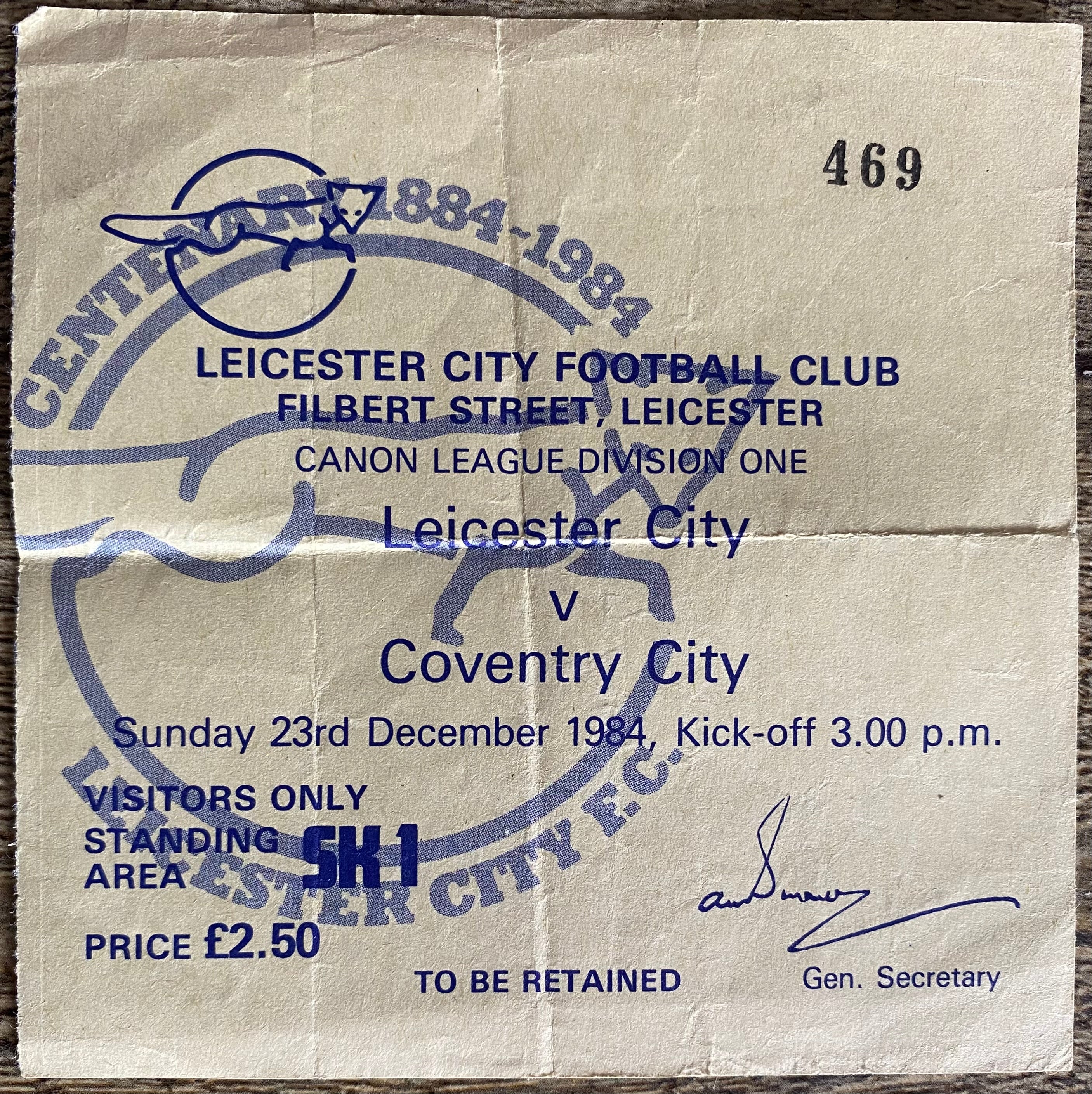 1984/85 ORIGINAL DIVISION ONE TICKET LEICESTER CITY V COVENTRY CITY