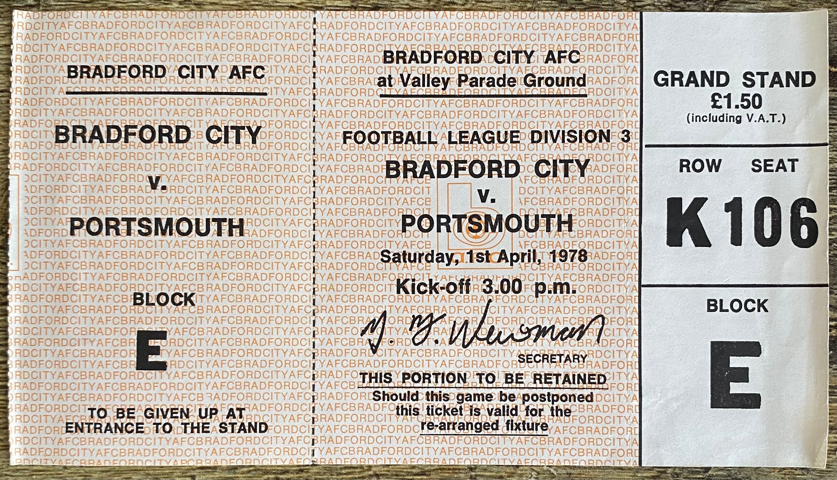 1977/78 ORIGINAL DIVISION 3 UNUSED TICKET BRADFORD CITY V PORTSMOUTH