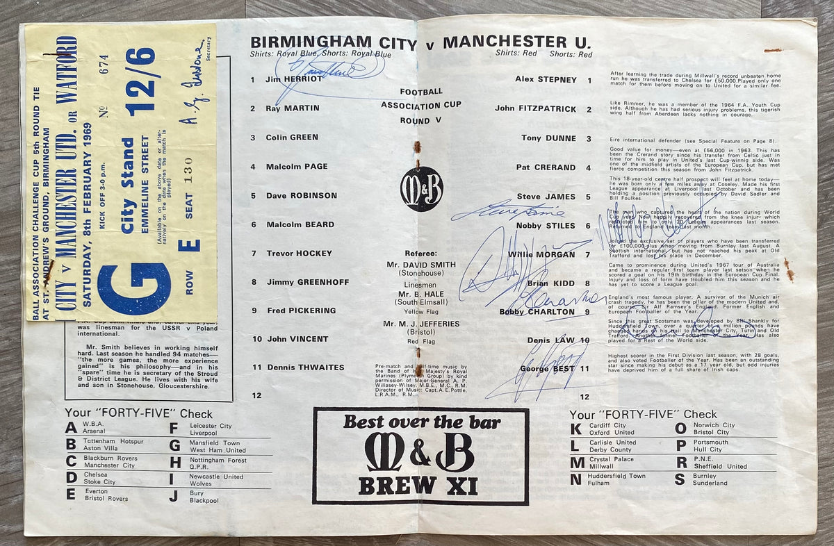 1968/69 ORIGINAL FA CUP 5TH ROUND PROGRAMME AND TICKET  BIRMINGHAM CITY V MANCHESTER UNITED (SIGNED BY BEST, LAW & CHARLTON)