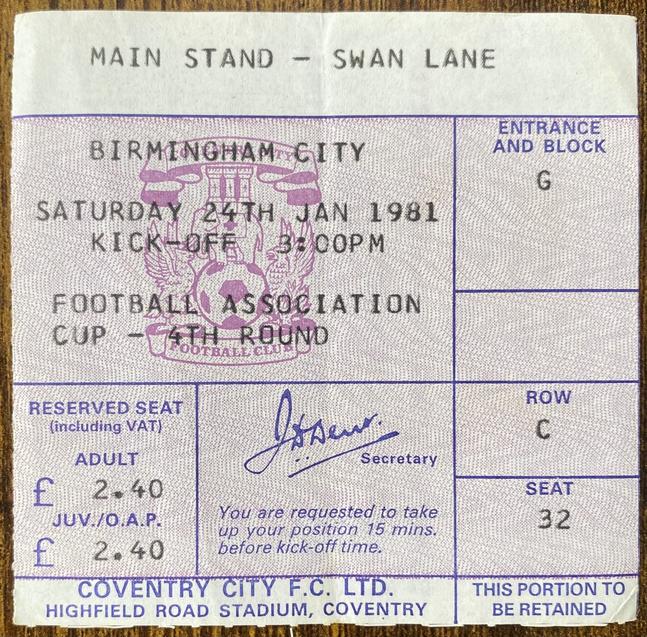 1980/81 ORIGINAL FA CUP 4TH ROUND TICKET COVENTRY CITY V BIRMINGHAM CITY