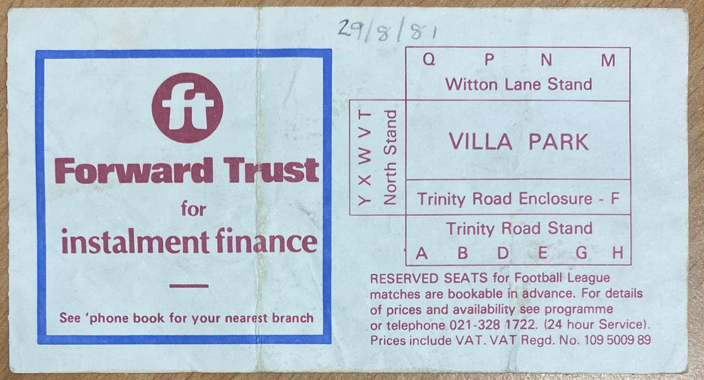1981/82 ORIGINAL DIVISION 1 TICKET ASTON VILLA V NOTTS COUNTY