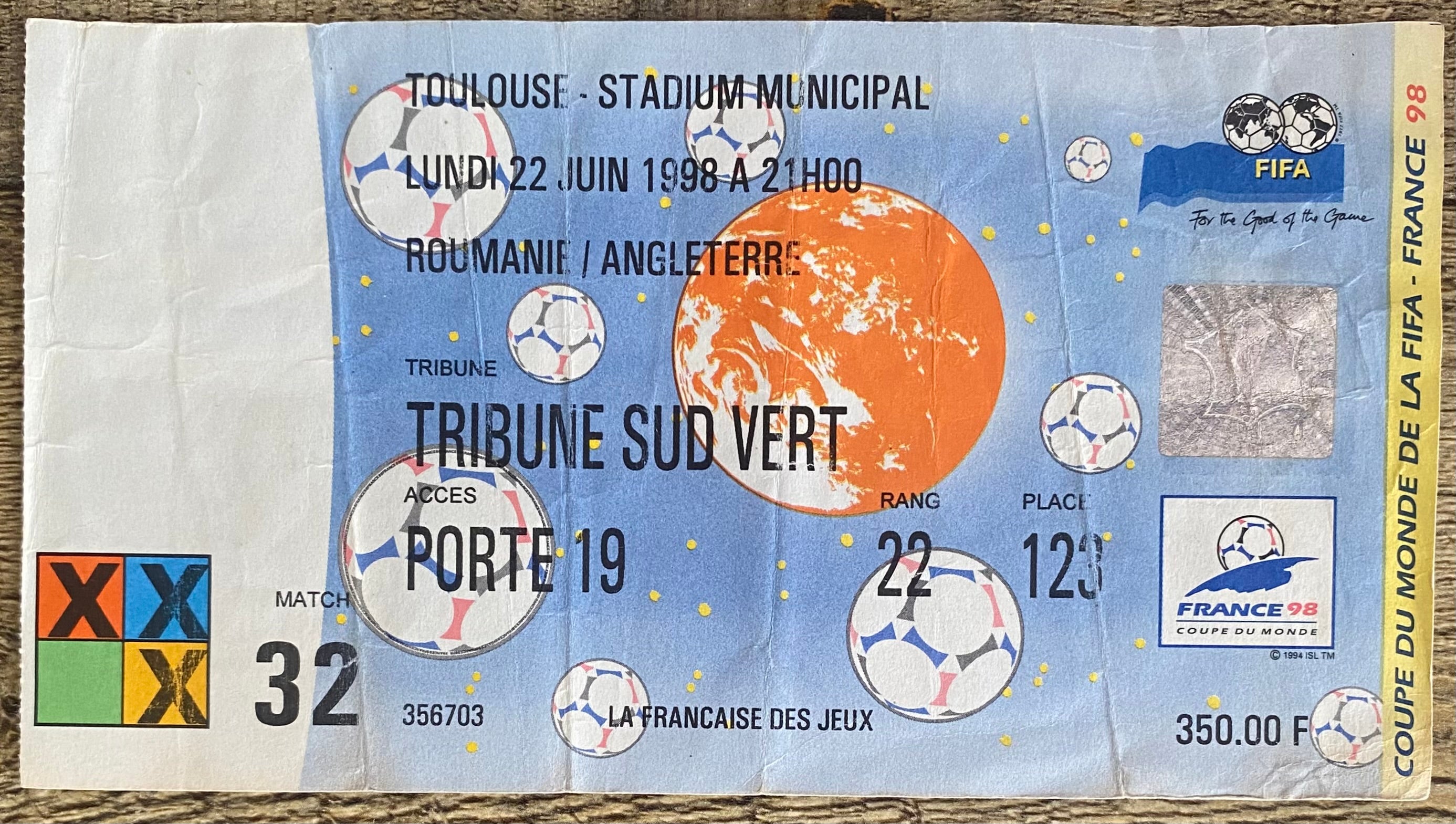 1998 ORIGINAL WORLD CUP 1ST ROUND TICKET ENGLAND V ROMANIA @ TOULOUSE