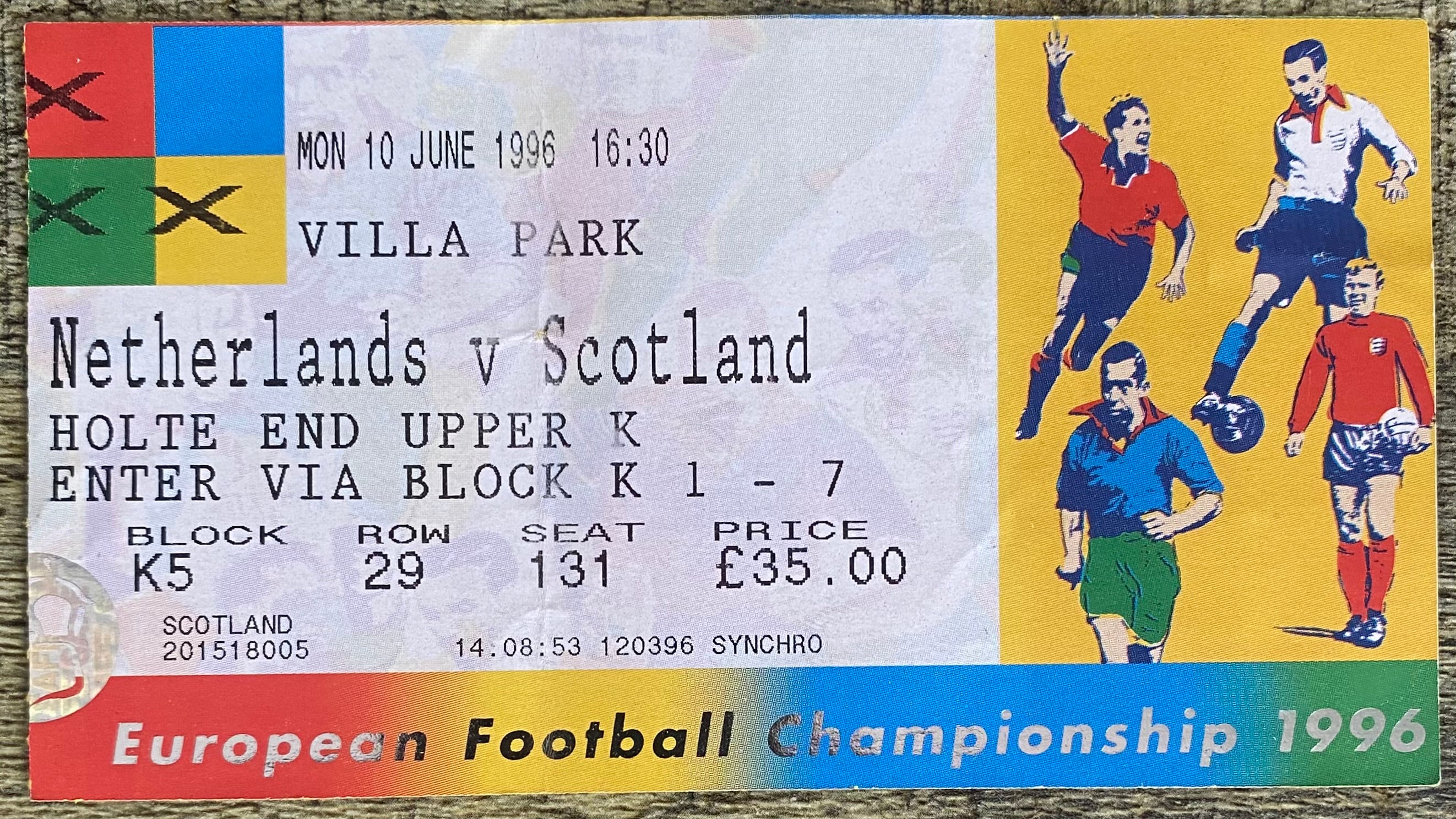 1996 ORIGINAL EUROPEAN CHAMPIONSHIPS EURO 96 TICKET SCOTLAND V NETHERLANDS @ VILLA PARK