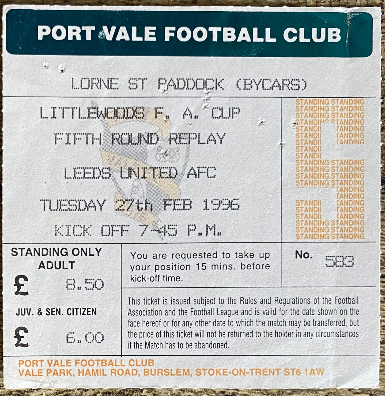 1995/96 ORIGINAL FA CUP 5TH ROUND REPLAY TICKET PORT VALE V LEEDS UNITED