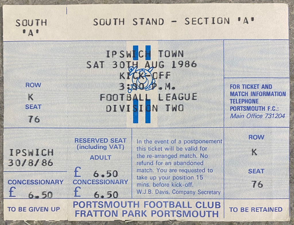 1986/87 ORIGINAL DIVISION 2 UNUSED TICKET PORTSMOUTH V IPSWICH TOWN