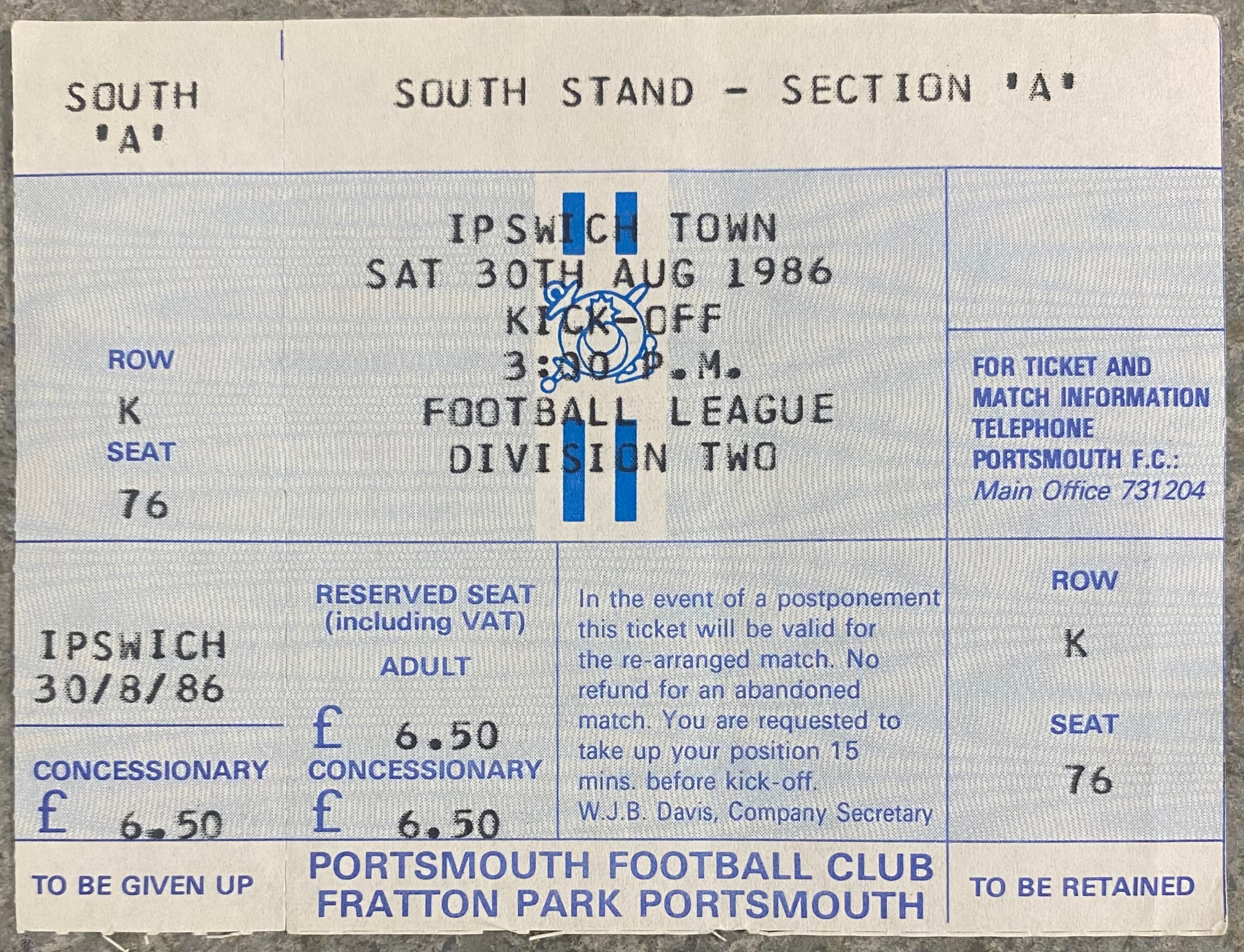 1986/87 ORIGINAL DIVISION 2 UNUSED TICKET PORTSMOUTH V IPSWICH TOWN