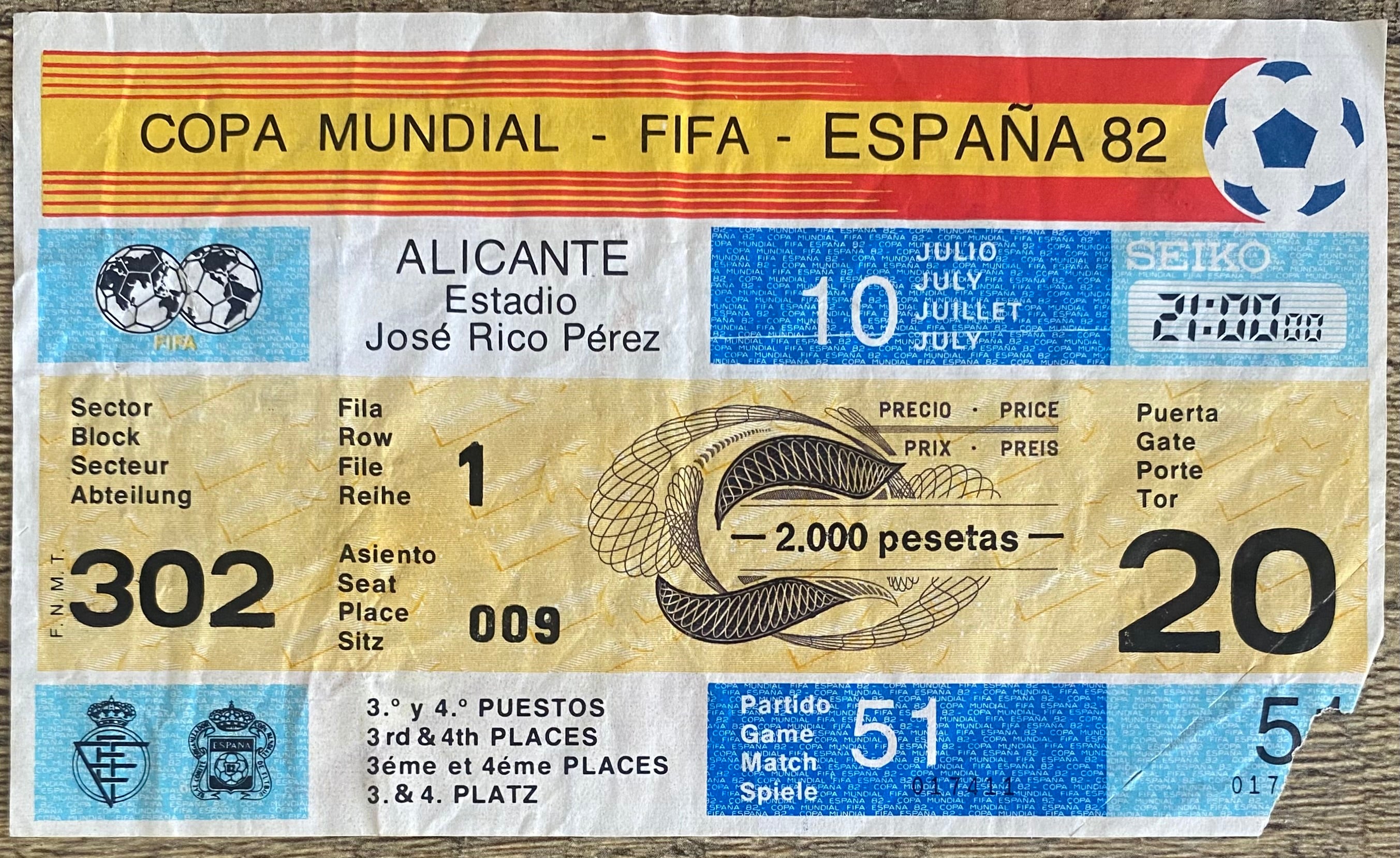 1982 ORIGINAL WORLD CUP 3RD PLACE PLAY OFF TICKET POLAND V FRANCE @ ALICANTE