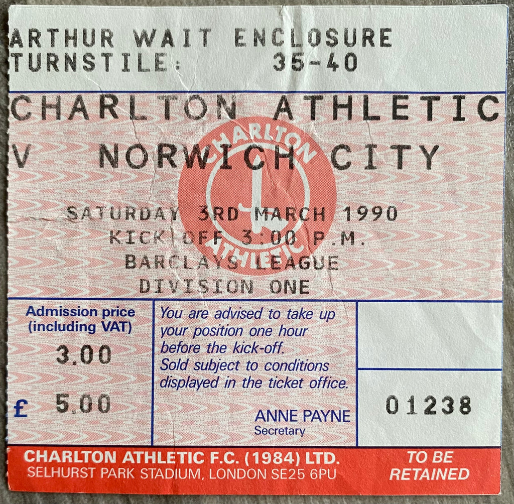 1989/90 ORIGINAL DIVISION ONE TICKET CHARLTON ATHLETIC V NORWICH CITY