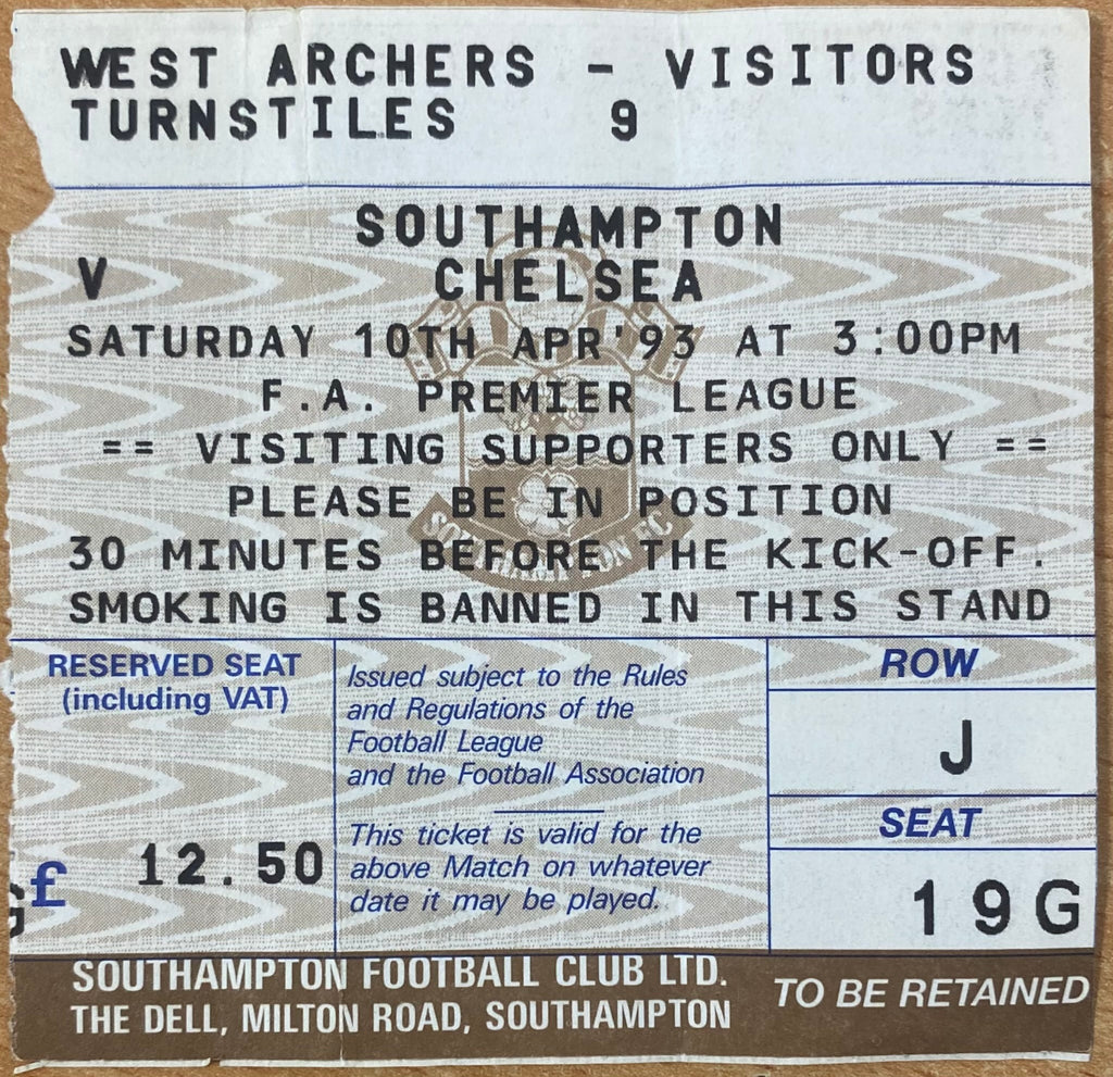 1992/93 ORIGINAL PREMIER LEAGUE TICKET SOUTHAMPTON V CHELSEA