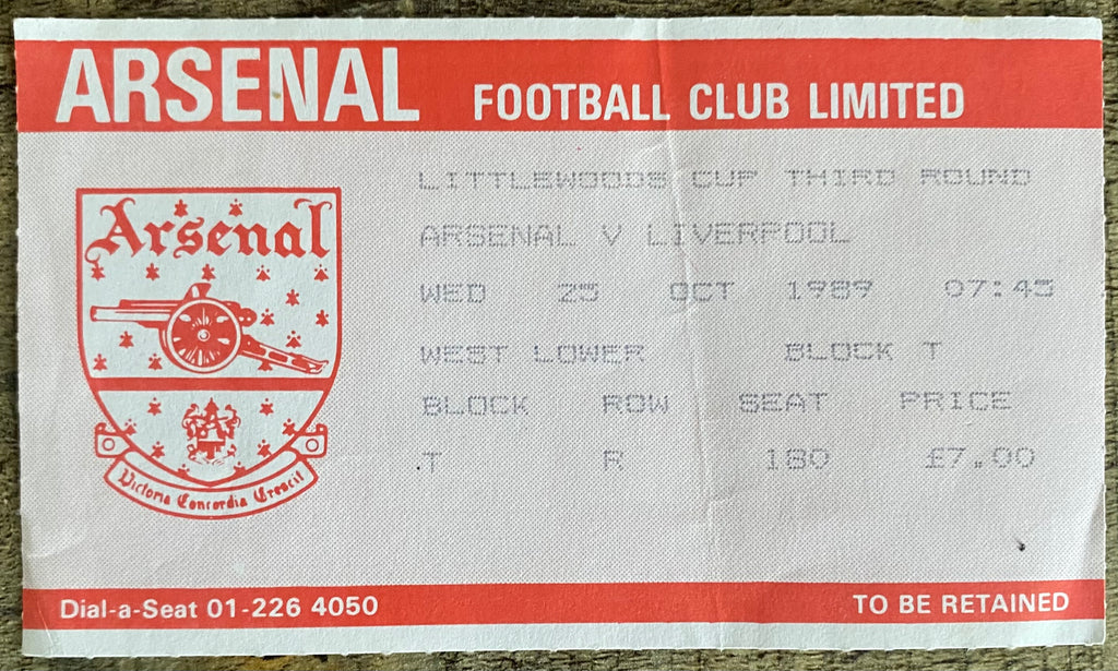 1988/89 ORIGINAL LITTLEWOODS CUP 3RD ROUND TICKET ARSENAL V LIVERPOOL