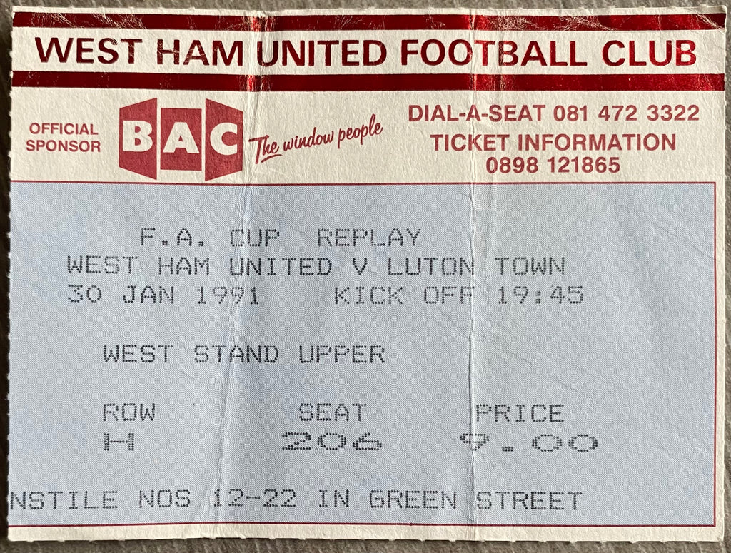 1990/91 ORIGINAL FA CUP 4TH ROUND REPLAY TICKET WEST HAM UNITED V LUTON TOWN