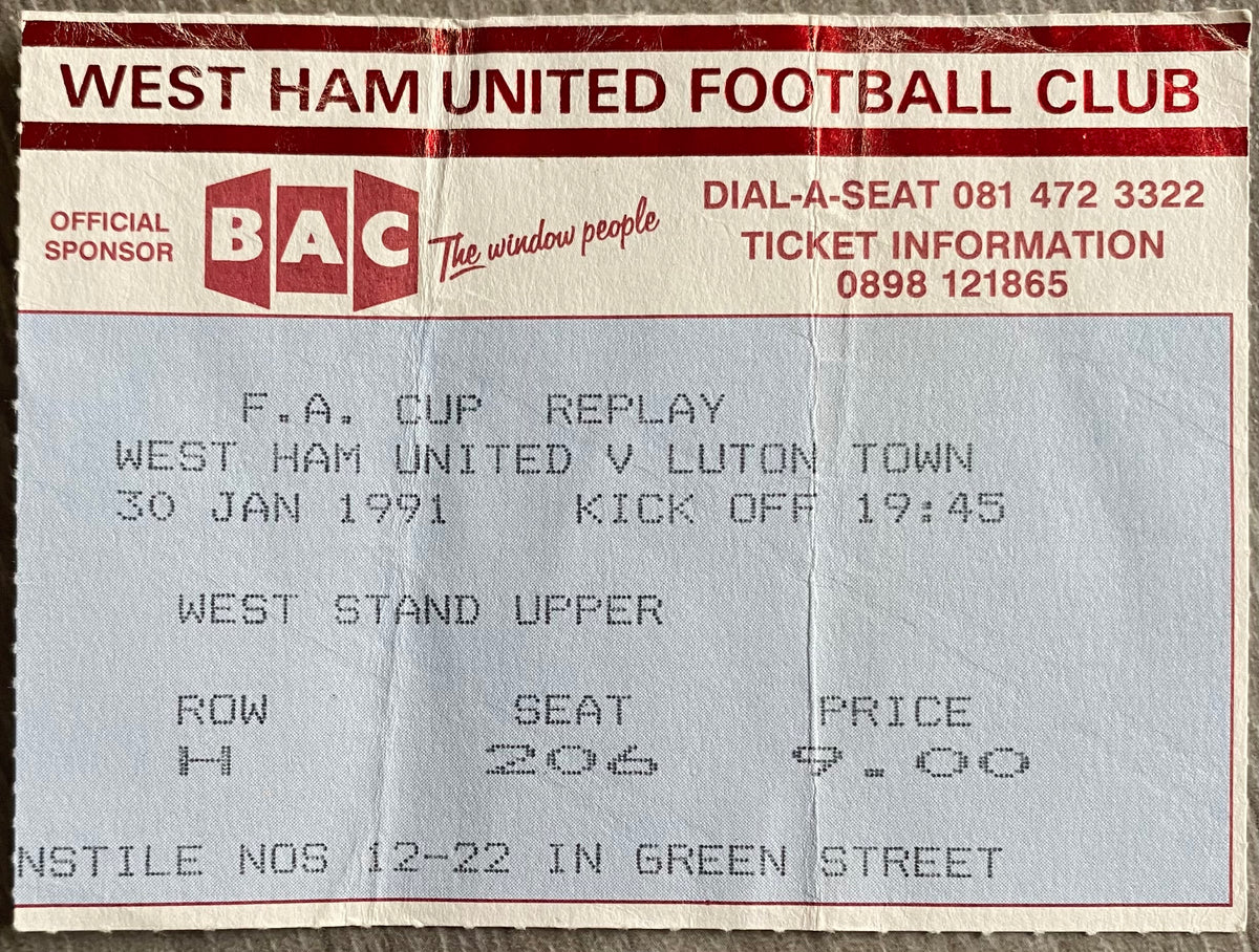 1990/91 ORIGINAL FA CUP 4TH ROUND REPLAY TICKET WEST HAM UNITED V LUTON TOWN